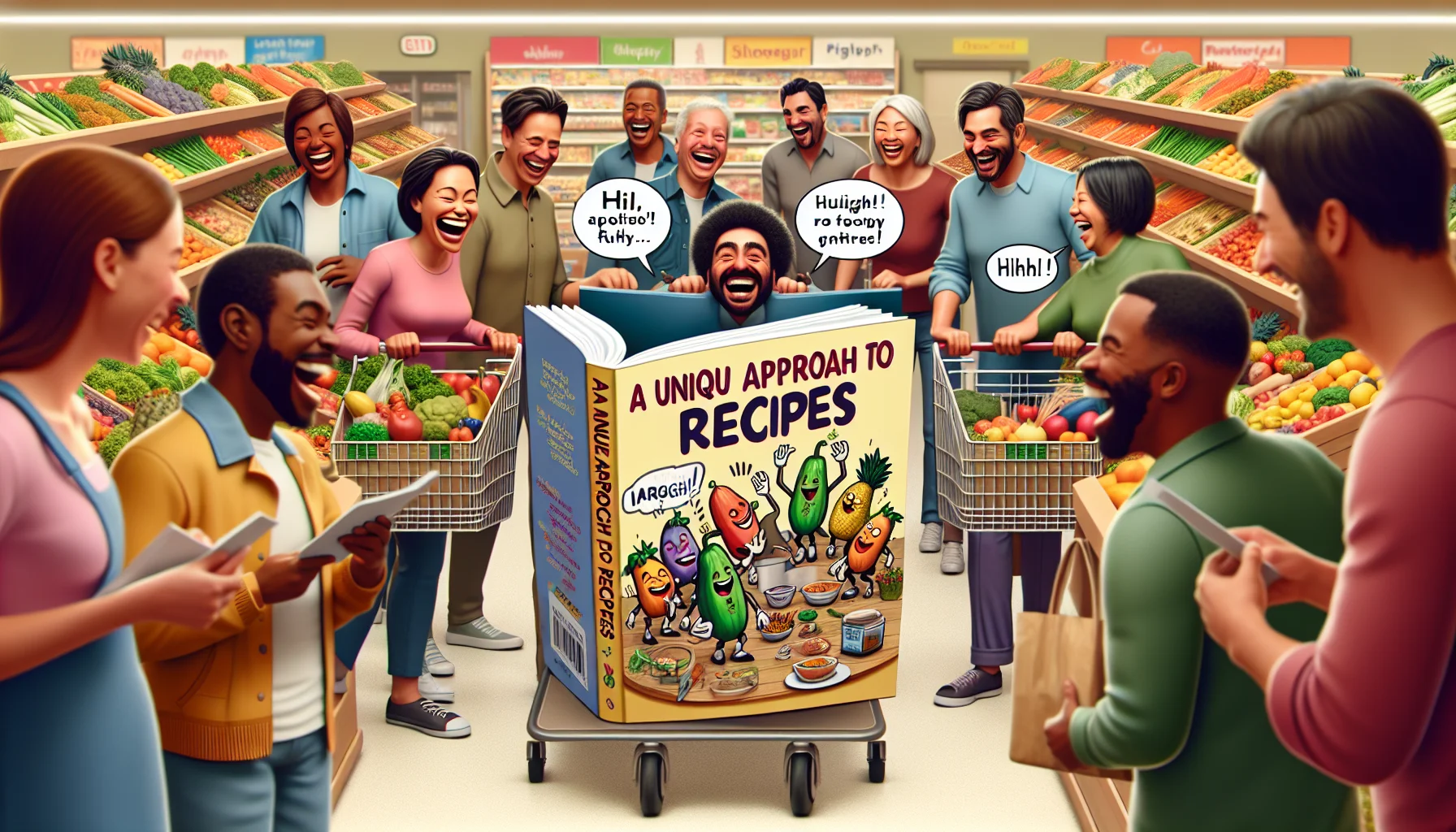 Visualize a humorous scene in a budget-friendly grocery store. People of multiple descents such as Hispanic, Caucasian, and Black are perusing through the store. The central focus shows a creatively designed recipes book titled 'A Unique Approach to Recipes'. It is playfully decorated with cartoon vegetables cracking jokes and engaging in playful activities. It emphasizes healthy and affordable ingredients while attracting attention from shoppers, radiating an atmosphere of fun and lively interaction. Shoppers, both men and women, laugh as they read humor-filled tips, and their shopping carts are filled with colorful fruits and vegetables.