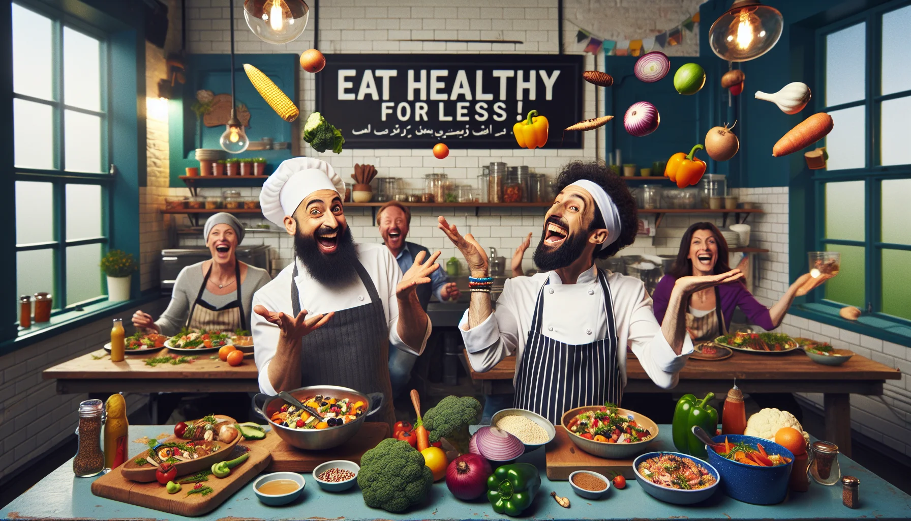 Imagine a whimsical scene inside a lively kitchen where a charming Middle-Eastern male chef and a charismatic Caucasian female sous chef are enthusiastically preparing allergy-friendly meals. Their expressions convey great pleasure and humor, as they juggle an array of colorful, fresh vegetables in the air. A sign behind them reads 'Eat Healthy for Less!'. The energy is infectious, causing customers of various descents and genders sitting at the dining area to heartily laugh along. Plates filled with nutritious, vibrant-colored dishes indicate the diversity of dietary options. The setting is light-hearted and inviting, a fun testament to delicious, affordable, and allergy-friendly cuisine.