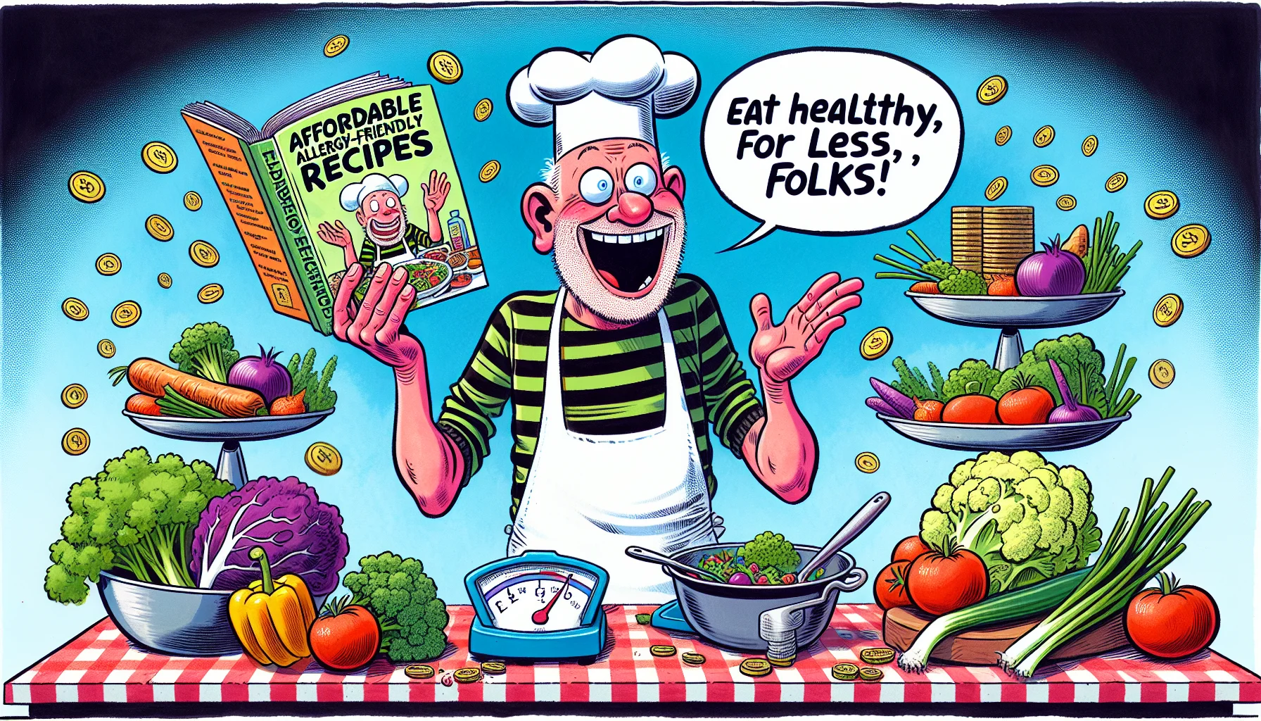 Imagine a hilarious, well-illustrated scene in a vibrant, high-energy kitchen. A middle-aged Caucasian man with a chef's hat and apron is preparing a dish using colourful, fresh vegetables. He is looking at a cookbook titled 'Affordable Allergy-Friendly Recipes', his facial expression is one of joyful surprise looking at easy and affordable directions. There's a balance scale next to him, one side has coins and the other has a plate of healthy food, suggesting that healthy eating can be cheap. A speech bubble coming from him reads, 'Eat Healthy For Less, Folks!' making it comedic and inviting.