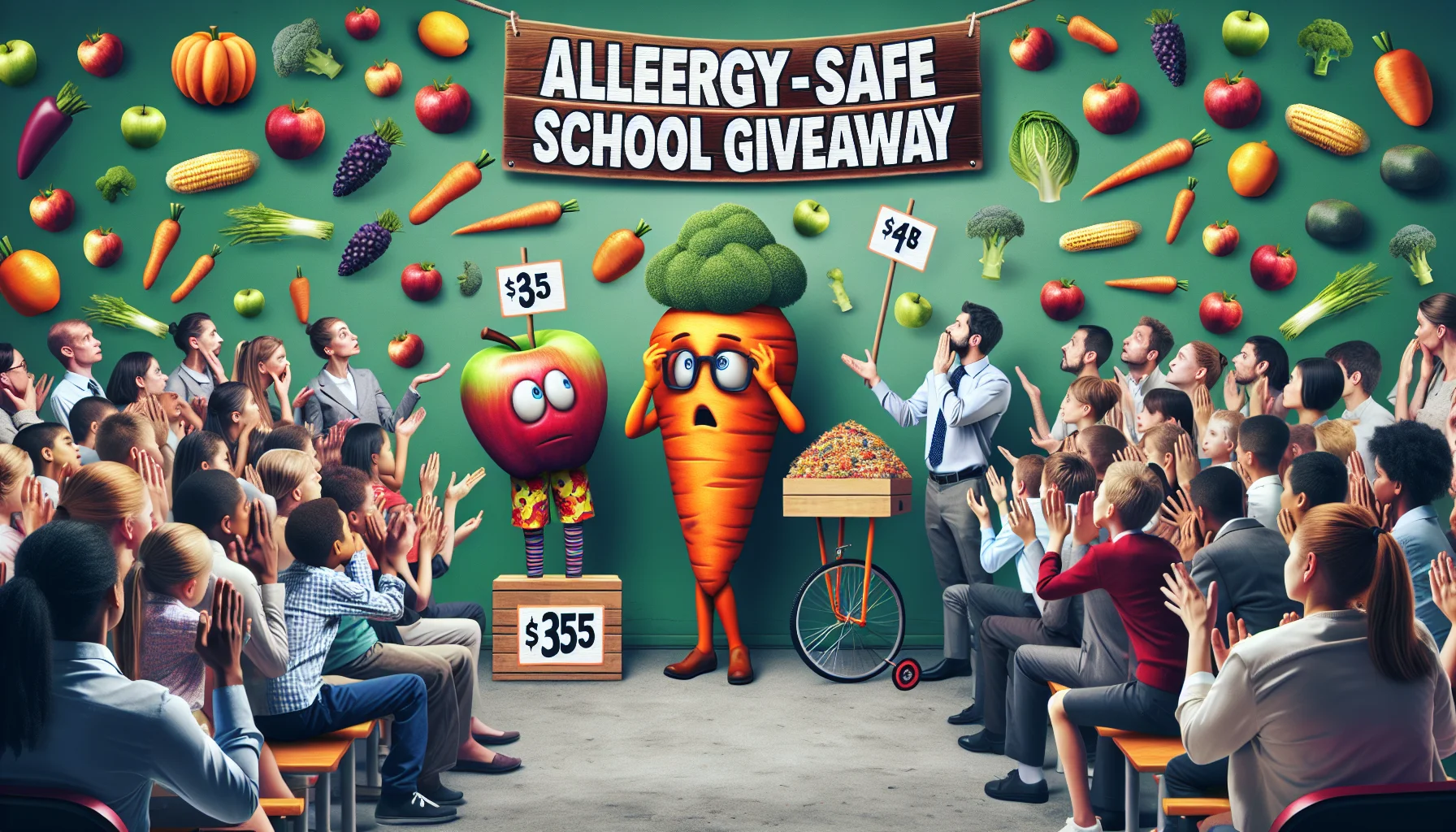 Create an artistic and humorous image of an Allergy-Safe School Giveaway. The main attraction should be a vibrant display of assorted fresh fruits and vegetables, with price tags clearly showing surprisingly low prices. The audience, a diverse group of people from all walks of life, express bewilderment at the affordability of such healthy food. Incorporate playful elements such as a giant carrot mascot handing out free samples and an apple on a unicycle, amusingly demonstrating the fun side of eating healthily. The atmosphere should exude joy and excitement around promoting healthier dietary choices.