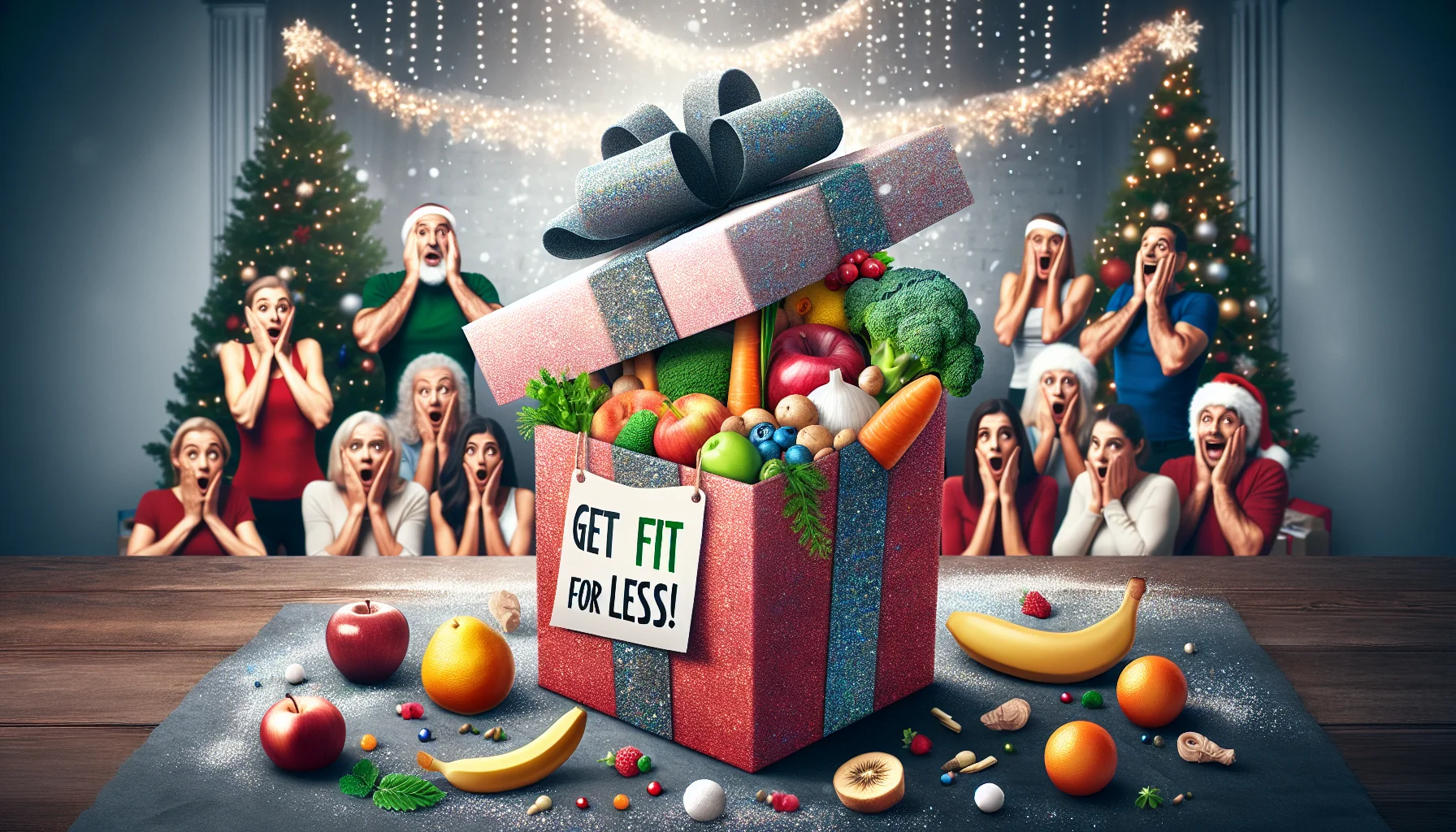 A humorous and realistic scene of an Early Christmas gift idea intended to motivate people to consume more healthily without spending too much. The main focus of the image is a creatively wrapped gift box with a glittery bow. Out of the box, instead of conventional presents, a variety of fresh and colorful fruits and vegetables are spilling out. A catchy tag line 'Get Fit for Less!' is written in fancy holiday themed font at the top of the image. Background is a festive setting filled with sparkling decorations, soft snowflakes, and twinkling Christmas lights. A diverse array of people react with surprised and amusing expressions upon seeing the health-themed gift, representing a humorous twist to the holiday tradition.