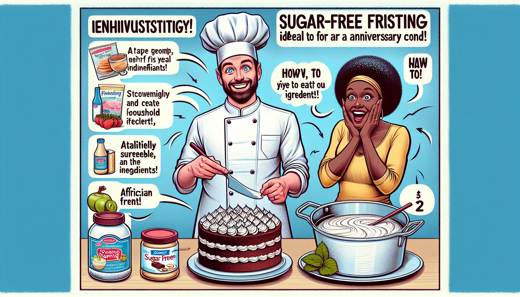 Create a humorous yet realistic illustration showcasing a sugar-free frosting recipe ideal for an anniversary occasion. Make it enticing and convenient for people to eat healthily at a reduced cost. Portrait a Caucasian male wearing a chef hat, demonstrating the steps to create the sugar-free frosting with household ingredients, whereas an African descent woman is optimistically surprised by the cost of the ingredients found in her pantry. Use vivid colors for atheistically pleasing visuals and playful fonts to label the ingredients and the steps.