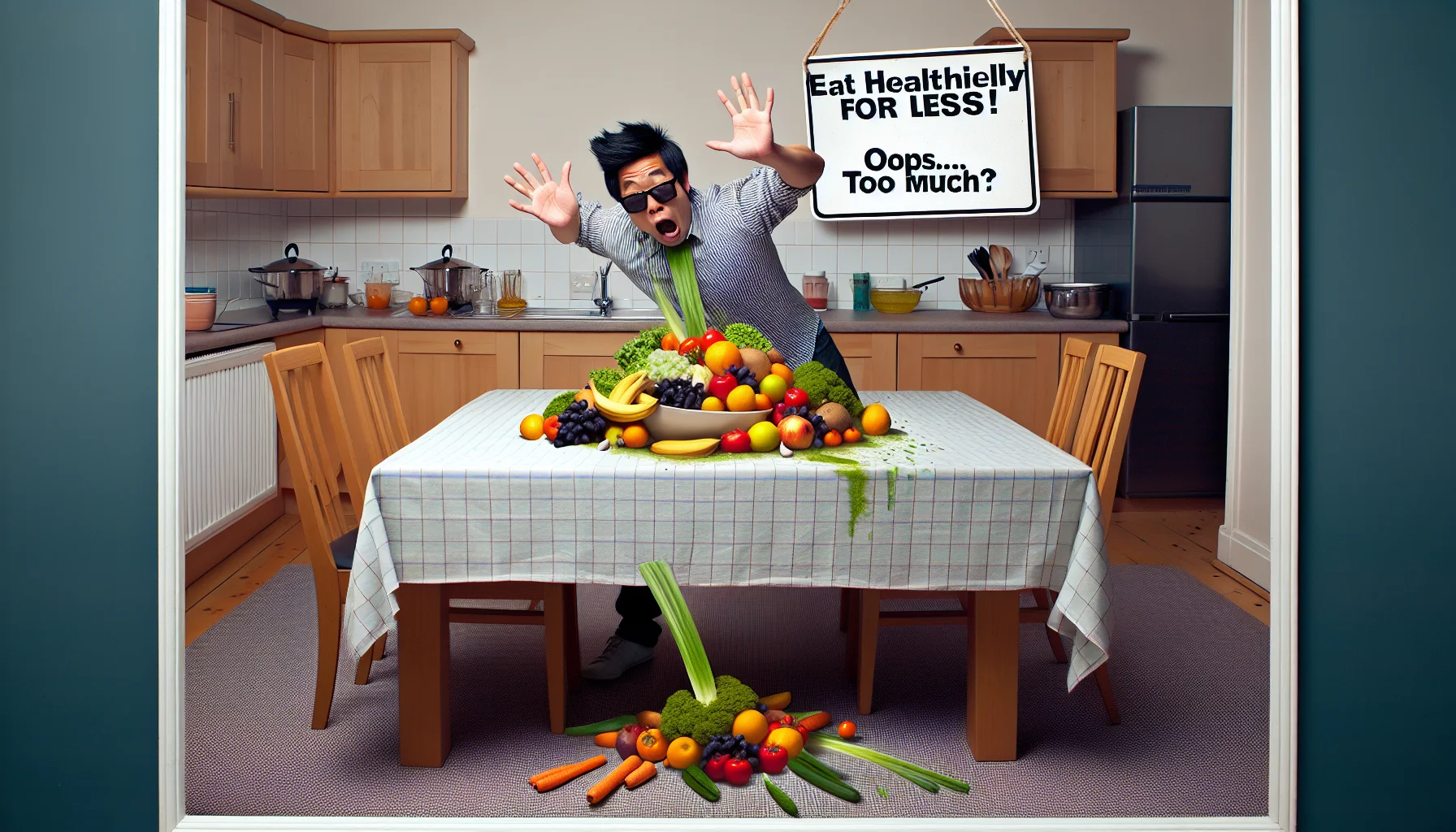 Create a detailed image capturing a humorous scenario where an unknown guest contributor is in a kitchen. The guest is an East-Asian man, dressed in casual attire, with an exaggerated, apologetic expression. He's mistakenly tipped over a large bowl of fresh, colorful fruits and vegetables onto a neatly set dining table. The scene is comedic, yet it carries the strong message of the affordability and importance of healthy eating. Place a witty sign in the scene that reads, 'Eat healthily for less! Oops... too much?'.
