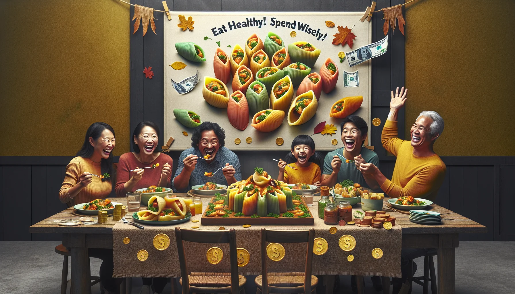 A humorous, realistic setting featuring Autumn-Themed Stuffed Shells being presented as a cost-effective healthy meal. The scene displays colorfully stuffed pasta shells garnished with autumnal herbs placed on a rustic dining table. Next to the dish are coins and dollar bills indicating the affordability of the meal. A vertical banner playfully declares: 'Eat Healthy! Spend Wisely!'. A group of diverse people, an enthusiastic Asian man, a cheerful Hispanic woman, and a jovial Black child are visibly delighted at the sight of the food, ready to dig in. The atmosphere is filled with laughter, warmth, and the rich hues of autumn.