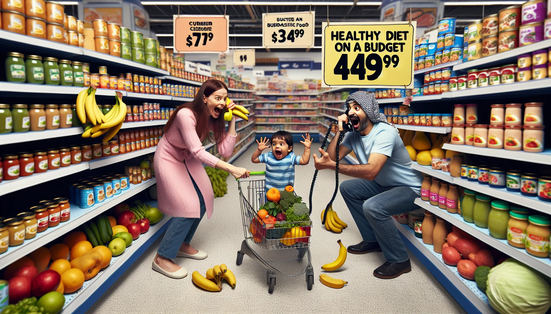 Imagine a charming, playful, and humorous scene in a supermarket. On the shelves, there's a colorful array of baby food essentials like pureed fruits and vegetables, infant cereal, and soft, bite-sized solid foods. These products are priced with catchy, budget-friendly tags that easily catch your eye. Engaged in this funny scenario, we see a Caucasian mother coaxing her little boy to reach for the healthier options, while a Middle-Eastern dad hilariously uses a bunch of bananas as a pretend telephone to his giggling daughter. This comedic and wholesome situation subtly encourages a healthy diet on a budget.
