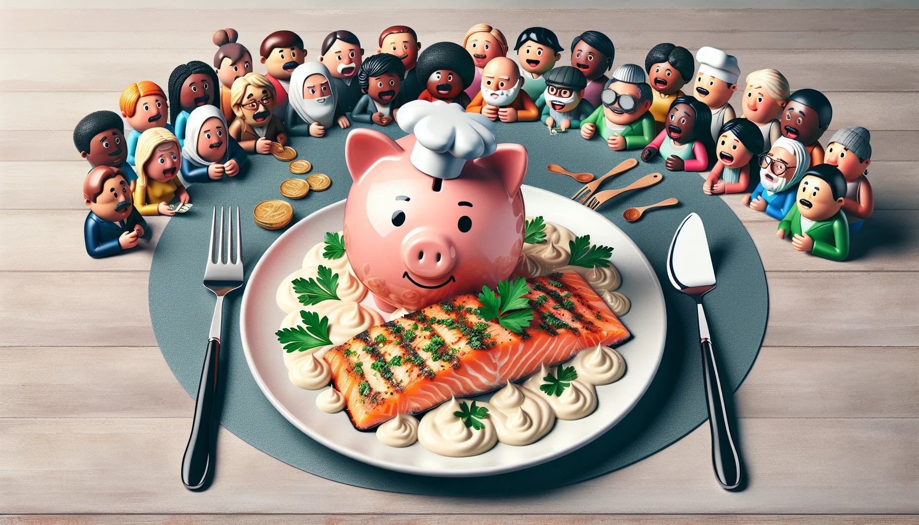 Create a humorous culinary scene. In the center, there is a plate of beautifully cooked salmon covered with creamy mayonnaise, garnished with bits of parsley. On one side, a cartoonish piggy bank is sitting, wearing a chef's hat and holding a spatula, smugly implying about saving money. On the other side, a diverse group of individuals are gathered, mouths watering, looking at the salmon dish with forks ready. They represent people of different descents such as Caucasian, Hispanic, Black, Middle-Eastern, and South Asian, and varying genders as well, insinuating the universal appeal of this healthy, pocket-friendly recipe.