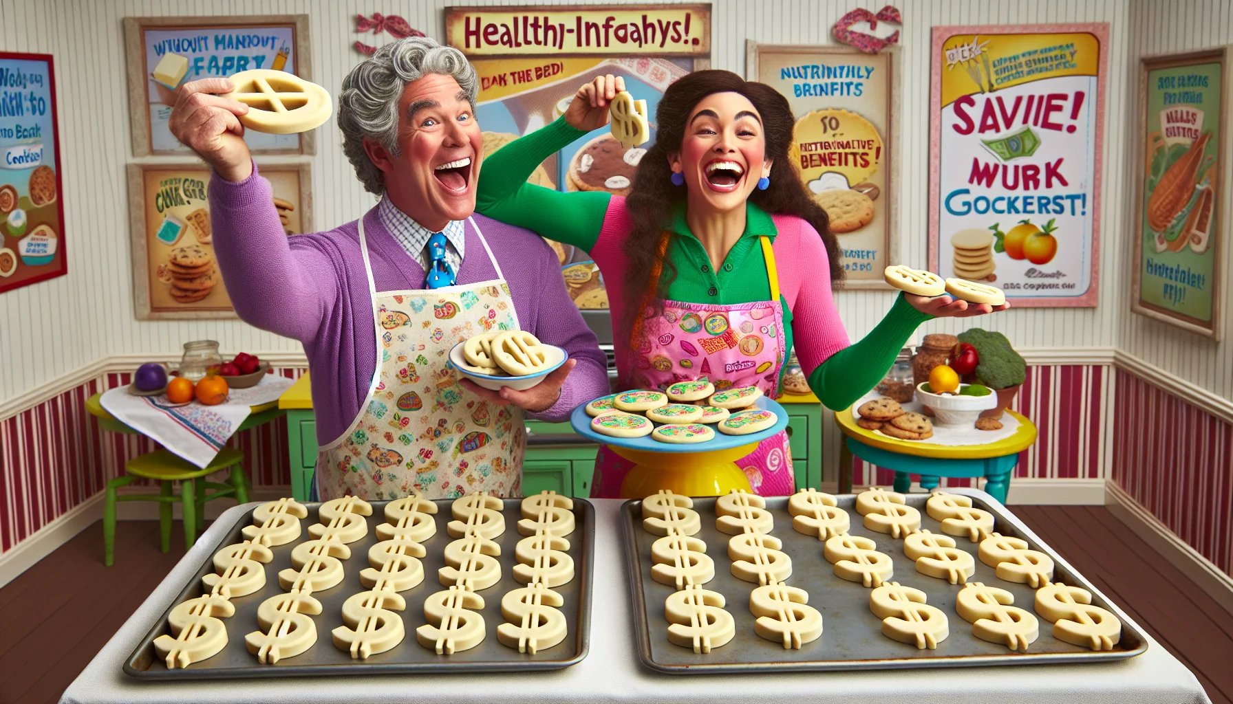 A humorous kitchen scene where a middle-aged Caucasian male and a young Hispanic female are joyfully baking cookies without using butter or eggs. The cookies are uniquely shaped like dollar signs, emphasizing the savings of using less expensive ingredients. They both wear vibrant aprons and hold health-infographic platters displaying nutritional benefits of their cookies. The room is filled with decorative posters promoting healthy eating and frugality. The display should be full of colors and laughter to attract people towards a healthier and more cost-effective lifestyle.