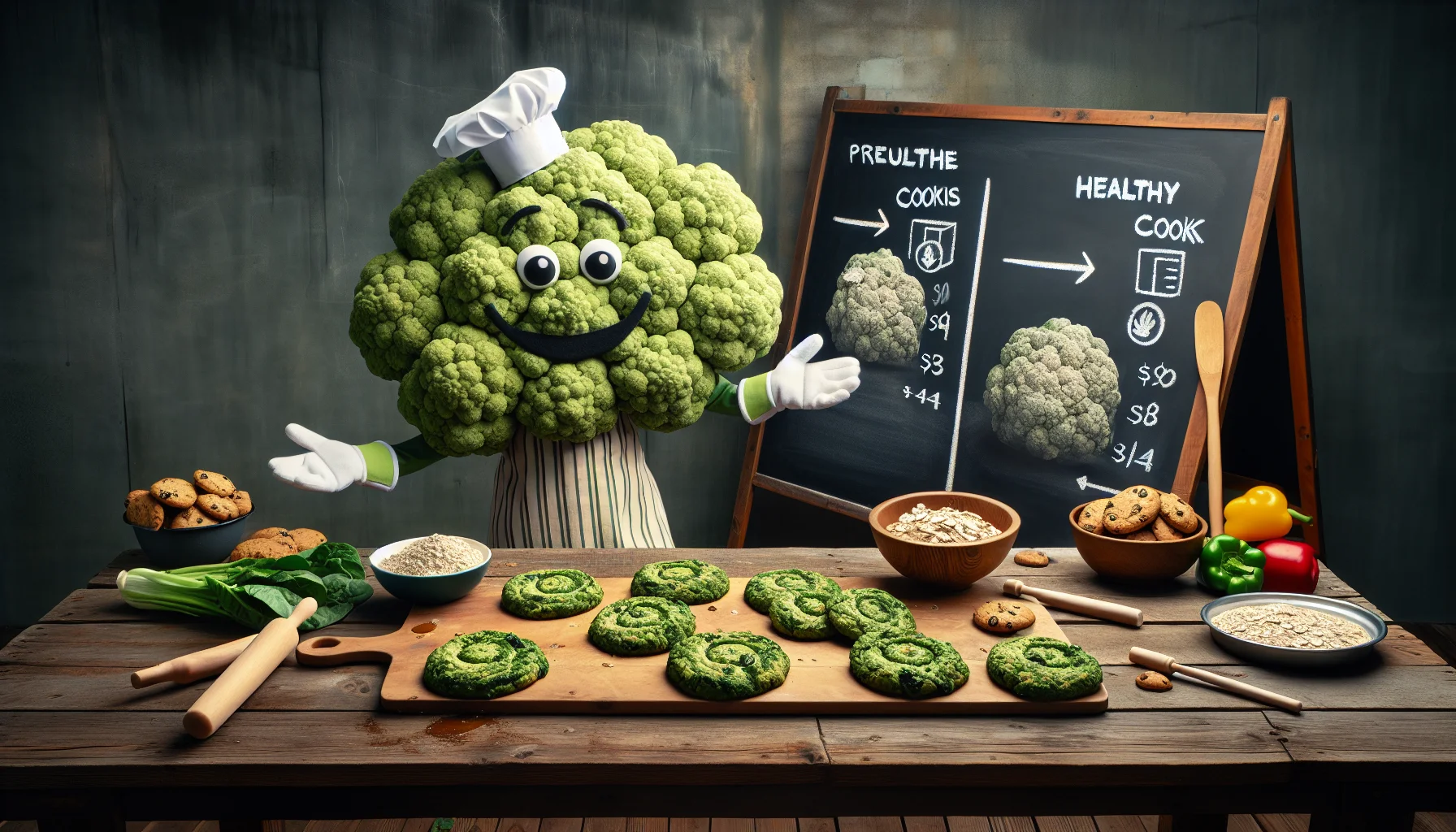 Imagine a whimsical scene of a family-friendly kitchen. There's a cauliflower mascot, with a chef hat, demonstrating how to bake perfect spiral green cookies made of spinach and oatmeal. The cookies are displayed on a rustic wooden table. Visible in the background, there is a big chalkboard with a chalk illustration showing the comparison of prices between these healthy cookies and regular cookies. The ambiance exudes warmth and grins, evoking feelings of fun and humor while promoting the benefits of eating healthy on a budget.