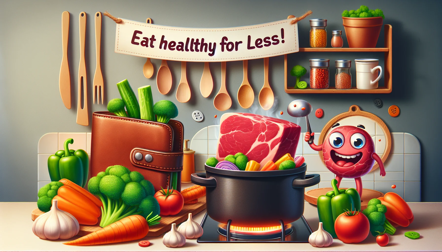 An irresistibly delicious scene: a beef chuck recipe preparation set in a fun and quirky kitchen. The cooking process features a range of vibrant and fresh vegetables, such as broccoli, carrots, and bell peppers, suggesting a healthy yet affordable meal. A whimsically drawn, anthropomorphic wallet is standing next to the cooking pot, cheerfully holding a banner that reads 'Eat Healthy for Less!'. Interestingly, the beef chuck appears animated, happily jumping into the pot. The scene communicates the flavorful yet economical nature of the meal, and encourages the viewers to opt for healthy and budget-friendly food choices.