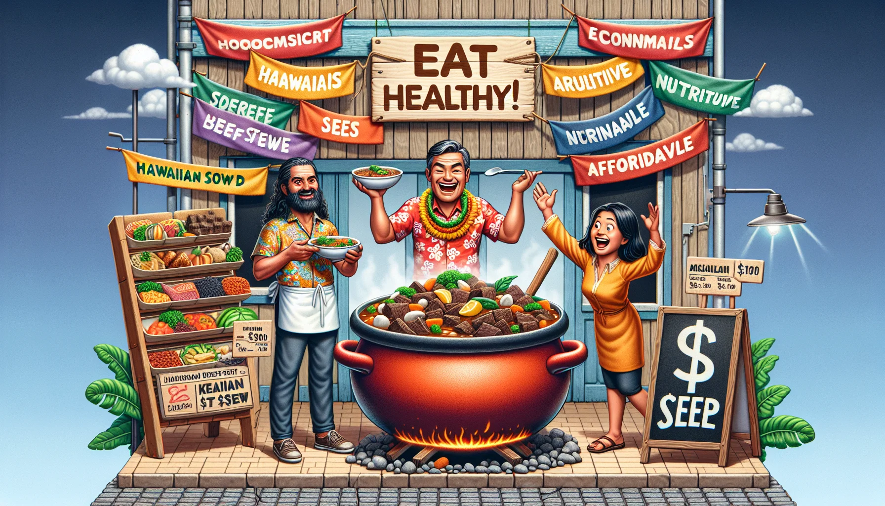 Create a humorous scene showcasing a healthy and affordable Hawaiian beef stew recipe. Let's imagine a quirky street market with colorful banners advocating for economical, nutritious food choices. A large vibrant pot filled with simmering Hawaiian beef stew is the centerpiece. The scene also includes a charismatic Asian man enthusiastically serving the stew, wearing a vibrant Hawaiian shirt, and a Middle-Eastern woman excitedly holding a bowl next to an oversized dollar sign, demonstrating the affordability. The backdrop features a rustic chalkboard detailing the health benefits of the ingredients. This captivating image will entice people to eat healthy for less money.