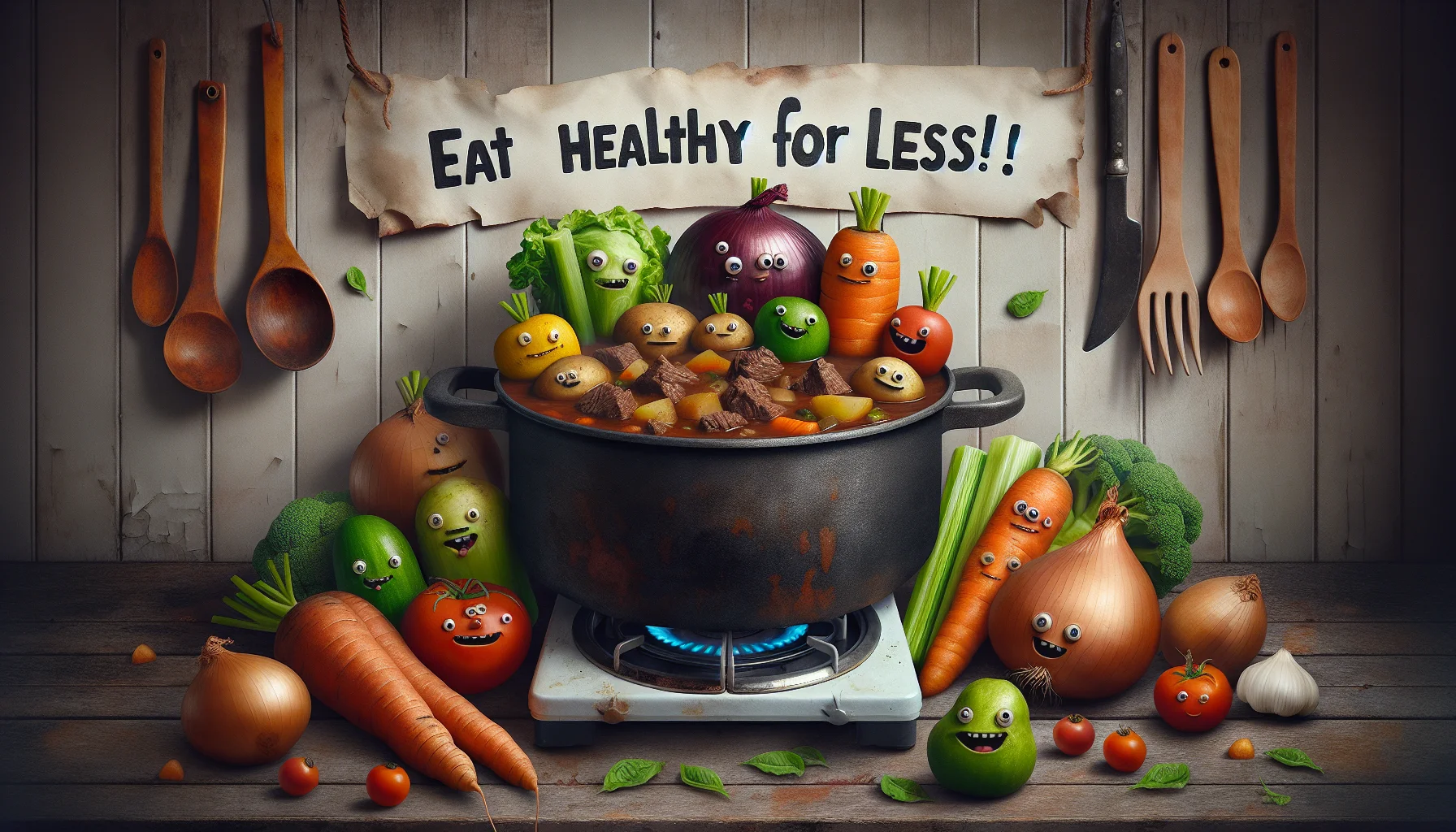 Create an image depicting a comical scenario that promotes budget-friendly and healthy eating. A large cooking pot overflowing with a delicious looking beef stew, which is clearly made without wine, sits on a rustic, well-used stove. Surrounding the pot, a group of various vegetables, such as carrots, potatoes, celery, and onions, are humorously anthropomorphized, showing joyful expressions, as if encouraging the viewer to partake in the tasty, healthful stew. A banner across the top reads, 'Eat Healthy For Less!', underlining the purpose of the scene.