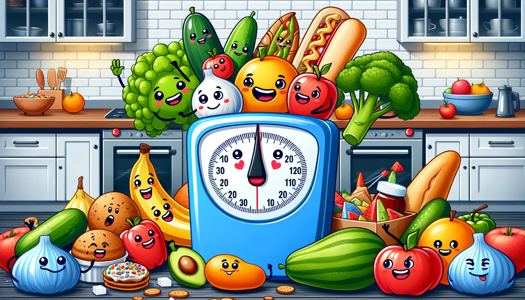 Create an engaging and amusing image depicting a typical kitchen scene. There is an accurate scale meant for diabetic patients prominently displayed. This scale is surrounded by a variety of affordable, nutritious foods like fresh fruits, vegetables, and whole grain products. A humorous cartoon is unfolding where smiling fruits and vegetables, personified with friendly faces, are somehow 'winning' a game against junk food items. The junk food characters look surprised and defeated. This image should convey a positive message about eating healthily for less money, specifically aimed at diabetic patients.