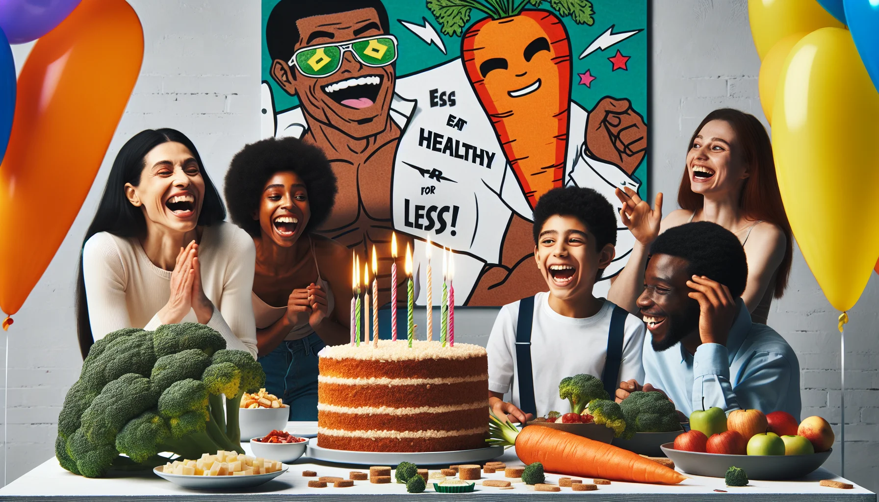 Create an image that embodies a lighthearted birthday celebration. In the scene, a group of various individuals, including a black woman, a South Asian man, a Middle Eastern boy, and a Hispanic girl, laugh and mingle around a table full of healthy and affordable food options. Yin the foreground, there's an oversized carrot cake with mischievously glowing candles, and in the background, a poster reads 'Eat healthy for less!'. Add comic elements like a broccoli wearing sunglasses and a dancing apple to make the environment funny and vibrant.