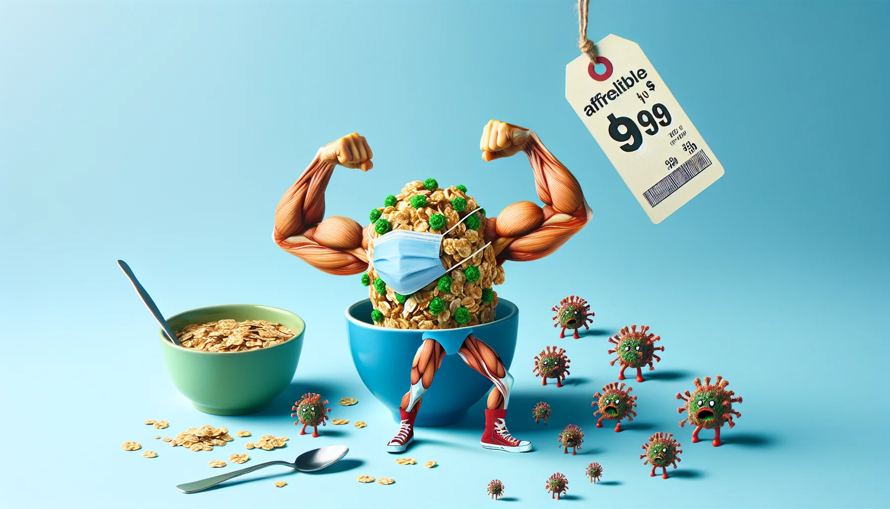 Create an image demonstrating a playful and humorous scene where a bowl of breakfast granola is flexing its muscles like a superhero. The granola is personified and artistically portrays strength to fight off the flu. Visible around the muscular granola superhero are tiny flu virus caricatures cowering in fear. A price tag hangs in the air showing an affordable amount, convincing people that eating healthy doesn't have to be expensive. This scene not only promotes a healthy lifestyle but also conveys it in a light-hearted, attractive manner.