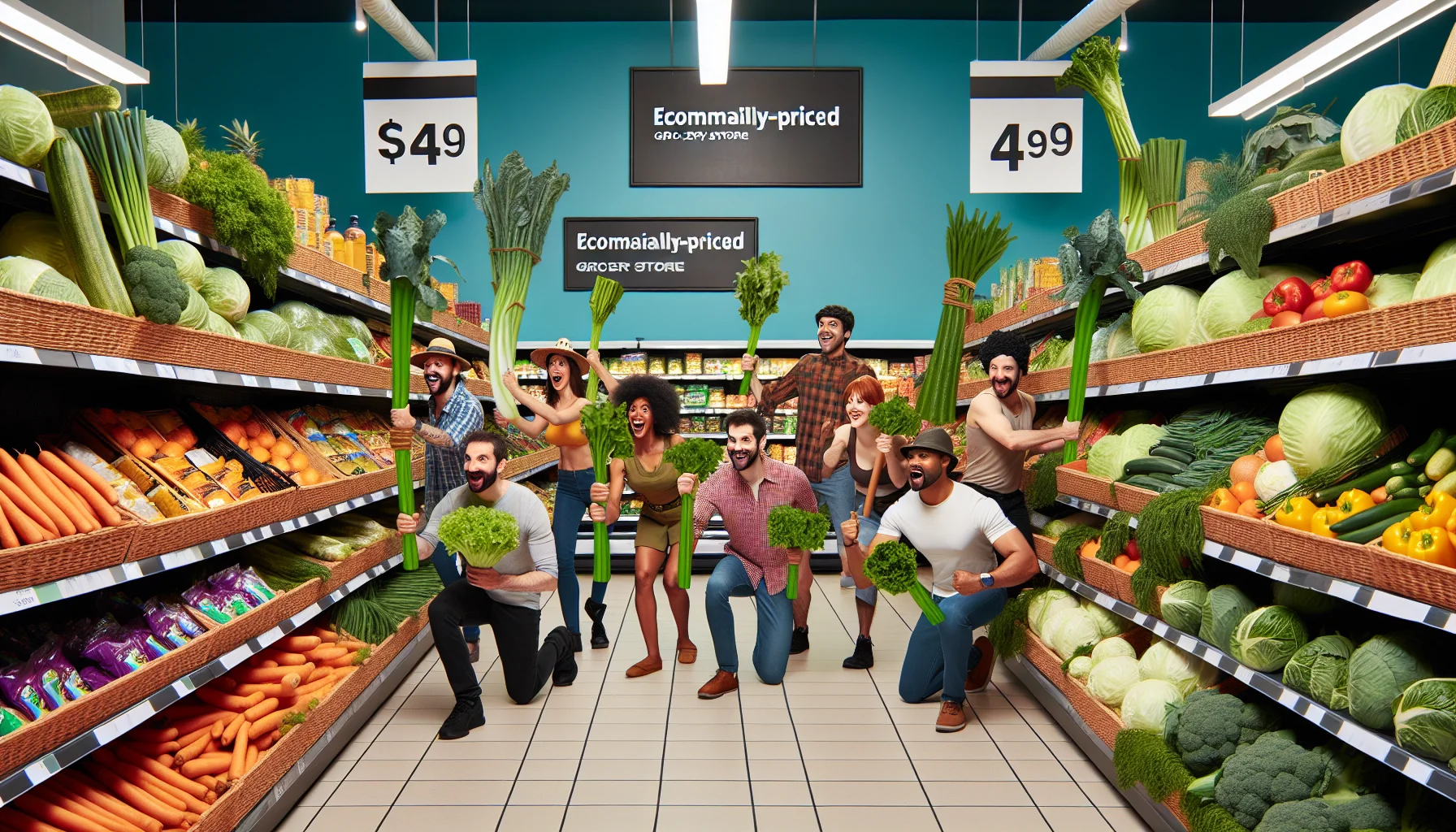 Create a hilarious scene at an economically-priced grocery store. The shelves are lined with low-cost but nutrition-rich products. The customers, representing a diverse array of descents such as Caucasian, Hispanic, Black, Middle-Eastern, and South Asian all showcasing different genders, are engaging in a healthy treasure hunt, seeking out the most nutritious food for a bargain. Some customers are even humorously using vegetable stalks as swords or adorning their heads with lettuce as helmets, reflecting their excitement and joy in this food oasis.