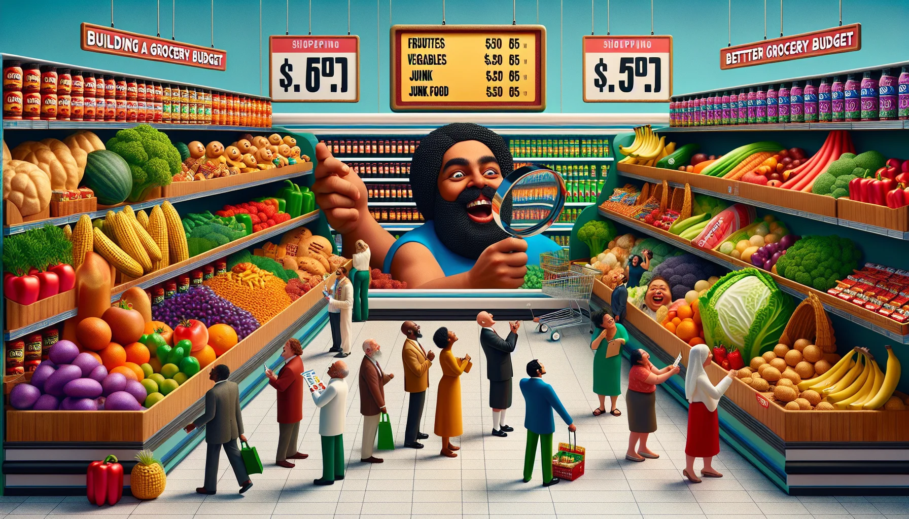 Create a humorous and realistic scene depicting the concept of 'Building a Better Grocery Budget'. The scene should contain an elaborate grocery store aisle occupied by individuals of different genders and descents, African, Hispanic, Caucasian, Middle-Eastern and South Asian. Some are comparing prices of fruits and vegetables versus junk food, while others are laughing at giant price tags on tiny unhealthy snacks. Also incorporate an image of a woman, possibly Caucasian, with a magnifying glass inspecting giant healthy vegetable with a tiny price tag. Make sure to visualize the surprise and amusement on their faces.