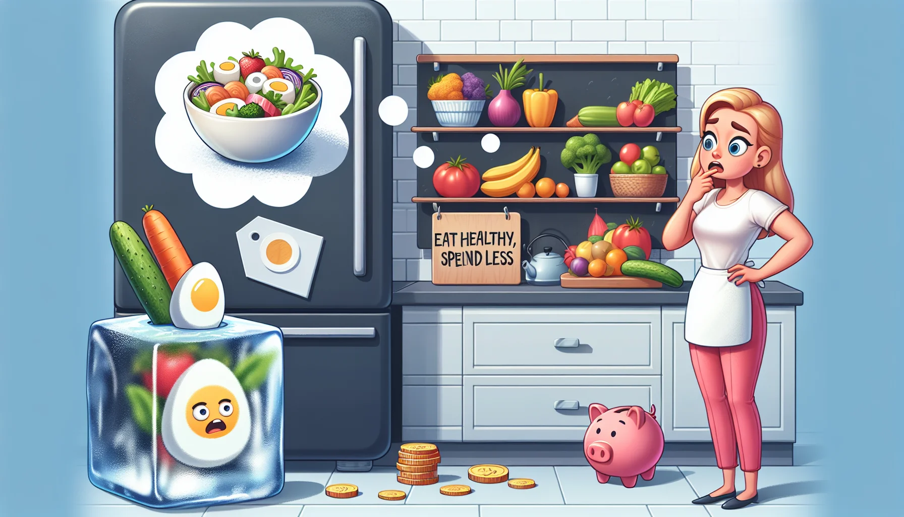 Create an amusing and realistic scene where a character has managed to freeze an egg salad in a large ice cube. The character could be a Caucasian woman with a surprised expression, standing in a kitchen full of fresh fruit and vegetables, suggesting a healthy alternative. A thought bubble over the character's head could show a piggy bank growing denser with coins, implying saving money. A sign on the fridge could say 'Eat Healthy, Spend Less', adding to the theme. The overall atmosphere should be light, fun and encouraging towards healthy eating and saving money.