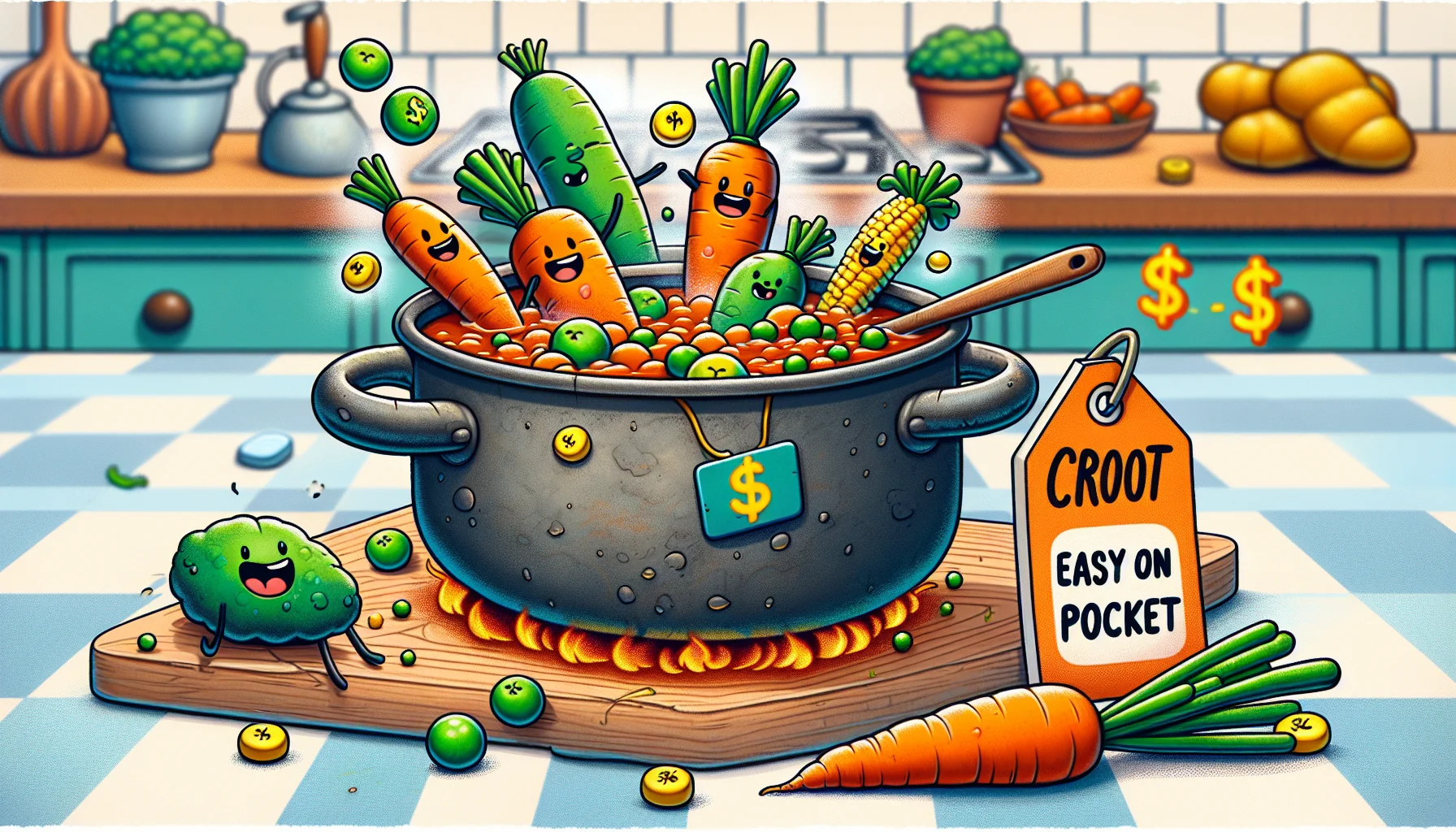 Illustrate a comical scenario featuring a savory carrot stew bubbling in a rustic pot. In this scenario, vegetables like carrots, peas, and corn are joyfully diving into the pot, contributing to the hearty stew. Beside the pot, a stylized price tag reads '$ - Easy on pocket'. All this happen on a chequered countertop in a bright, welcoming kitchen. The intent is to depict the concept of eating healthily for less money in a fun and lighthearted manner.