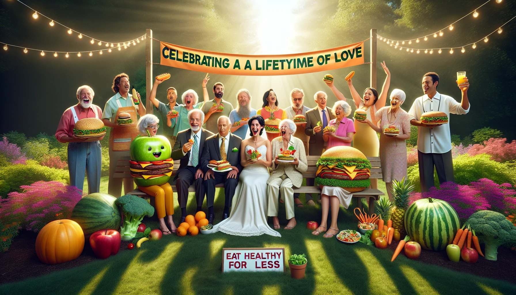 Create a hyperrealistic image of a diverse group of individuals, different in descent and gender. They are all gathered in a radiant, sunlit garden. A large banner is hung across the scene, reading 'Celebrating a Lifetime of Love'. In a humorous twist, vegetables and fruits are masquerading as fast food - an apple burger, a carrot hot dog, a lettuce taco and a melon pizza. The people are visibly amused, pointing and laughing, trying out these quirky, healthy alternatives. A sign is present that reads: 'Eat Healthy for Less', promising inexpensive, nutritious options for everyone.