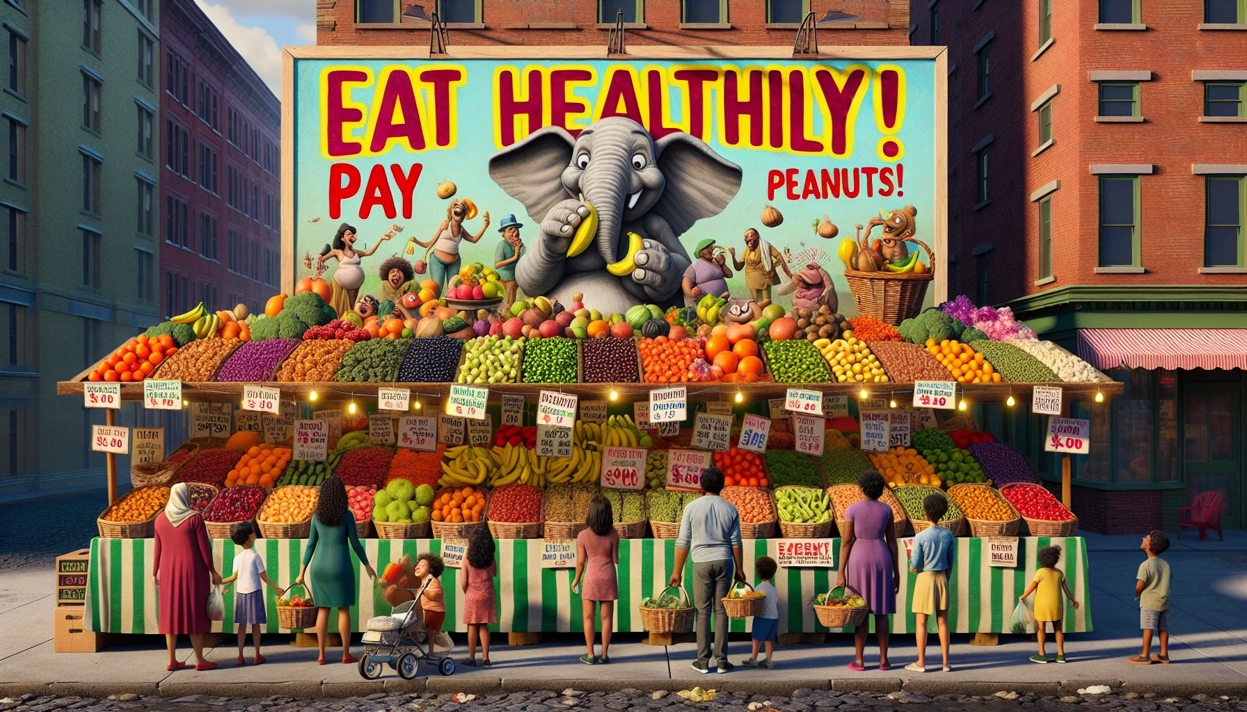 Imagine a humorous and realistic situation encouraging people to promote self-care by eating healthily on a budget. The central piece would be a fruit and vegetable stand, brightly color filled with diverse, fresh, and succulent offerings. A gigantic sign overhead humorously claims: 'Eat Healthily! Pay Peanuts!’ showing a caricature of an elephant happily munching on a basket of fruits and vegetables. At the stand, customers of diverse descents and genders are seen, each holding a basket and appears delighted to see the array of healthy and affordable options. Some are laughing, others sharing incredulous looks at the unbelievable prices.