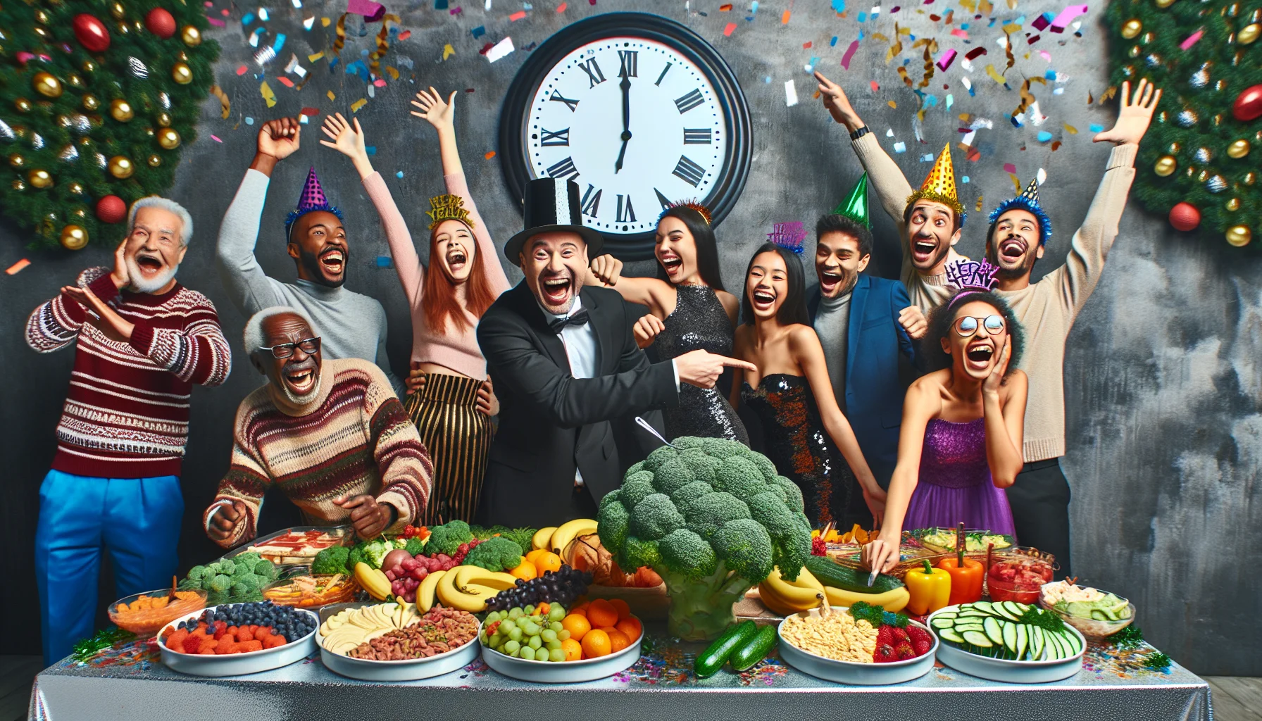 Create an image depicting a creative and humorous New Year celebration. Feature a festive environment with a large wall clock striking midnight, confetti, and a crowd of excited people. Include a range of individuals, such as a Caucasian man, a Hispanic woman, a Middle-Eastern teenager, and a Black elderly woman, all in festive outfits. Introduce a funny twist: instead of ordinary party foods, show a large buffet table laden with colorful fruits, vegetables, and other healthy foods with price tags inexplicably low. In the foreground, have a laughing character pointing at a broccoli with a bargain price tag, expressing surprise and delight.