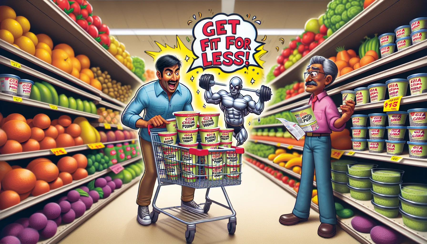 A humorous yet realistic scene unfolding in a grocery store. A South Asian male customer perusing the aisles spots a flashy price tag on a tub of chia pudding that reads, 'Get Fit for Less!' Next to the pudding, a small sign illustrates the low calorie count in a playful, cartoonish style, resembling a fitness-geared superhero lifting a barbell labeled 'Chia Pudding'. The customer, wearing an expression of delighted surprise, is adding several tubs of the pudding to his shopping cart. Around them, the grocery store is filled with colorful fruits, vegetables, and other healthy food items.