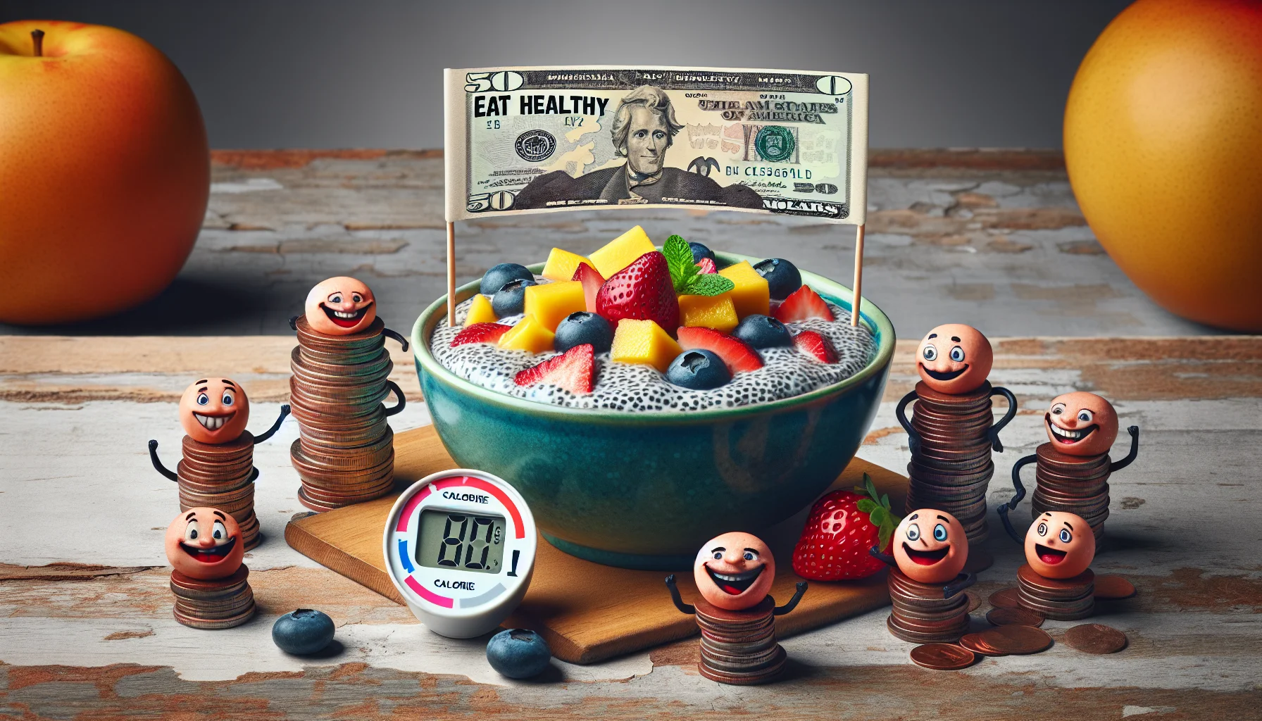 A fun, whimsical scenario: A bowl filled with chia seed pudding, complete with colorful fruits like strawberries, blueberries, and chunks of mango. Around the bowl, you see some mini animated dollar bills and pennies, smiling cheerfully, performing a little dance. On the side, a small calorie counter is displaying a surprisingly low number, contributing to the joyous atmosphere. A banner overhead reads, 'Eat Healthy, Save Money!' All are placed on a rustic wooden table enhancing the natural aspect of the meal. The entire picture emits a positive, healthy, and cost-saving vibe.