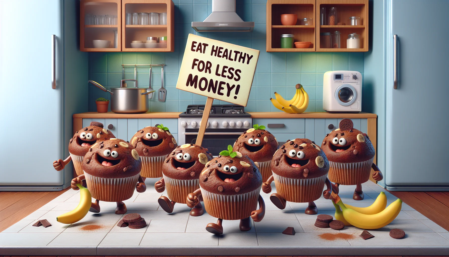 A humorous and realistic illustration of an unexpected scene featuring delectable chocolate banana cinnamon muffins. They are personified, with cheerful faces and seem to be holding signs saying 'Eat Healthy for Less Money!'. They are engaging in a parody of a street protest, marching around a kitchen setting, with appliances like an oven, blender, and refrigerator amusedly watching them. The muffins are enticingly textured, with visible chunks of banana and a sprinkling of cinnamon. The message is to promote healthy eating at an affordable price tag, in a light-hearted and appetizing way.