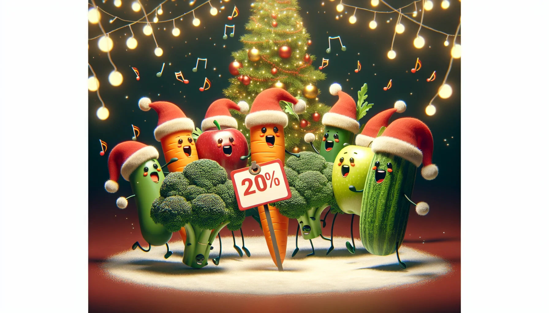 A playful and comical Christmas animation. In the animation, a group of carrots, apples, and broccoli characters are adorned with Santa hats and they are dancing joyously around a discounted price tag under a festive, twinkling Christmas tree. The foods sway and spin, singing a catchy tune about the benefits and joys of eating healthy for less, encouraging onlookers to join in their jubilations for well-priced nutritious foods during the holiday season.