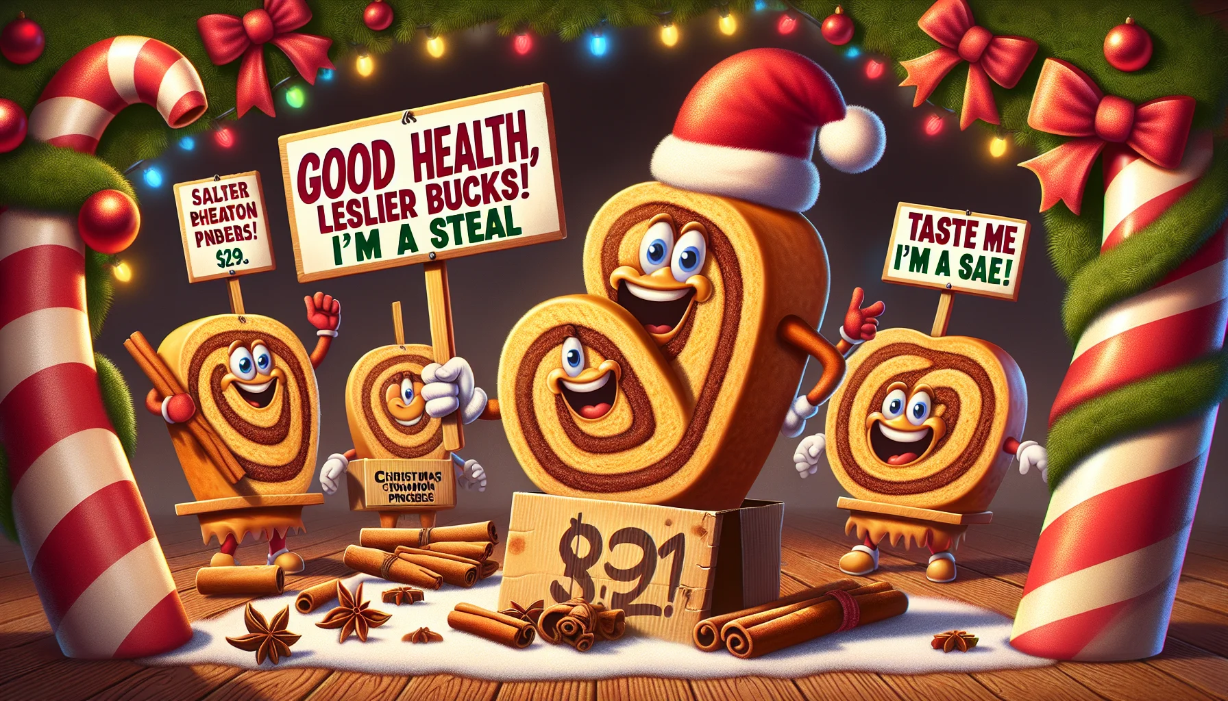 Present a humorous and realistic scenario with the spotlight on Christmas Cinnamon Pinwheels. Imagine these delicious treats personified, gleefully promoting a healthy lifestyle and the possibility of spending less money. They're holding signs that read 'Good Health, Lesser Bucks!' and 'Taste me, I'm a steal!'. They're not only tempting the audience with their tastiness, but also advocating for economical healthy eating choices. The background should be festive with Christmas decor, and prominently display a price tag that suggests affordability. The color palette is warm and inviting with festive hues.