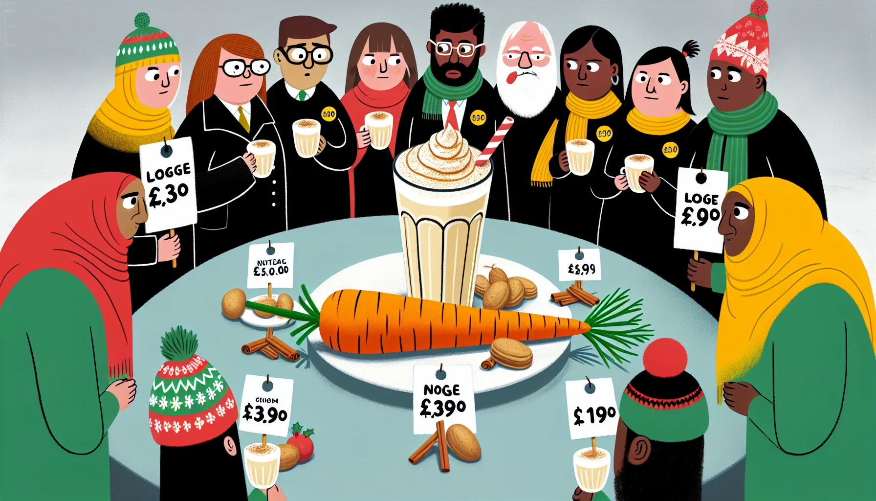 A humorously depicted scene where a group of people are gathered around a table laden with Christmas Eggnog Latte Treats. These treats, looking delectable with their creamy colour and the inviting aroma of nutmeg and cinnamon, are accompanied by playful price tags that show surprisingly low costs. To showcase the theme of healthy eating, an amusingly large carrot is shown as the centerpiece, draped with festive holiday decorations. Each person, of diverse descent including Caucasian, Hispanic, Black, Middle-Eastern and South Asian, and of mixed genders, appears intrigued and delighted by this unusual, yet healthy option amidst the decadent holiday treats.
