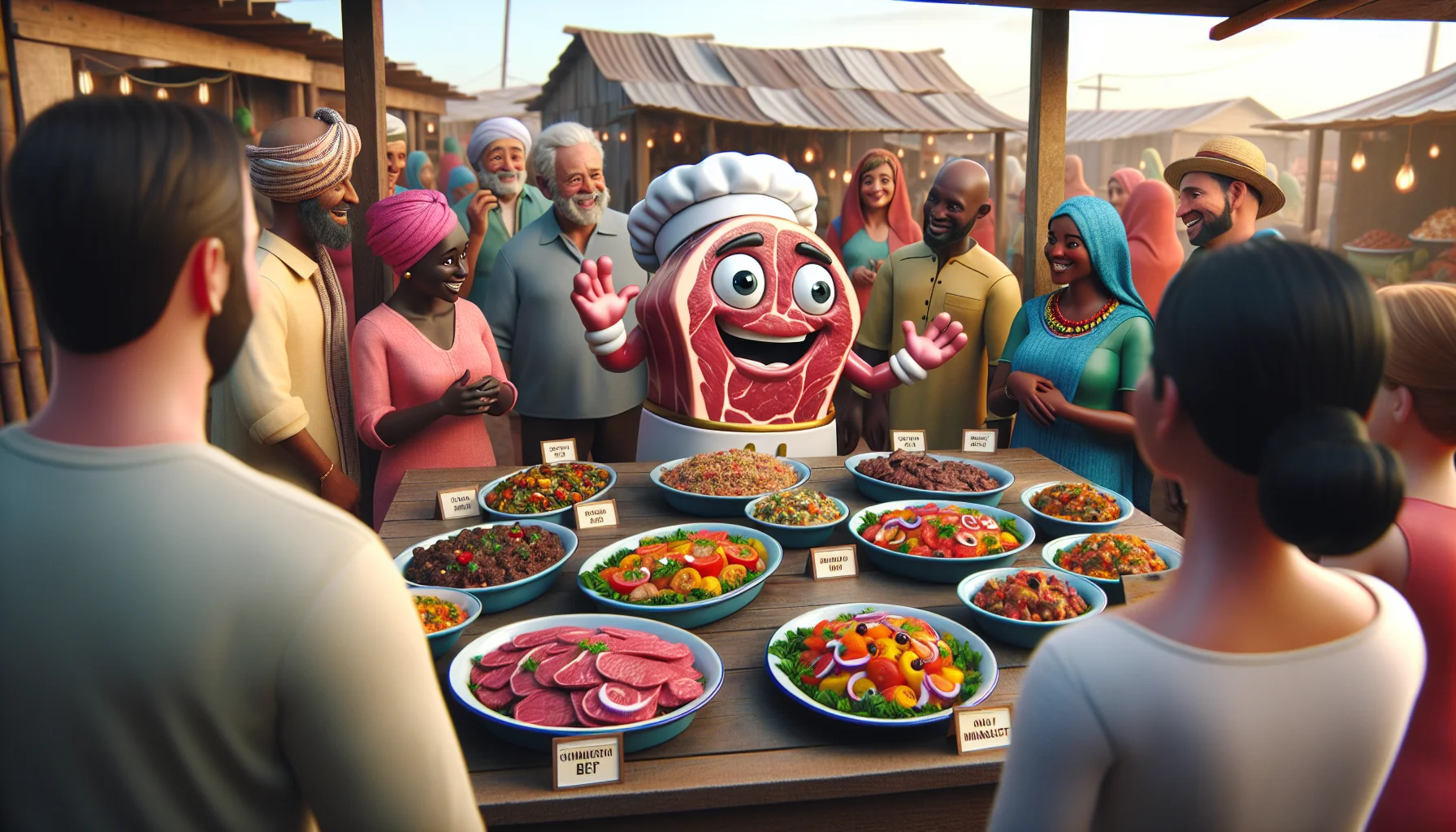 Create a whimsical, highly realistic image showcasing a variety of enticing, low-cost, healthy chuck beef recipes. The scene is in a lively village market, and an animated chuck beef character, with expressive eyes and charming smile, is showing off the finished dishes to customers. Each dish is labeled and vibrantly colored, highlighting its freshness. The customers are a diverse group of men and women of different descents including Caucasian, Black, Middle-Eastern, South Asian, and Hispanic. The customers, amused by the chuck character, are demonstrating interest and curiosity towards the healthy food options.