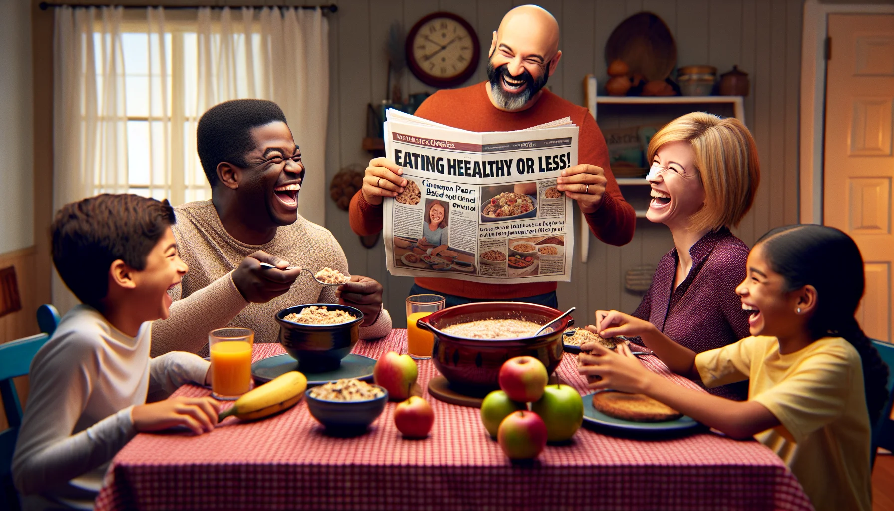 Create a vibrant, realistic image embodying humor and frugality. Picture a family breakfast scene, where a Black mother is serving warm, appetizing servings of cinnamon pear baked oatmeal from a ceramic dish. Her South Asian husband is holding a newspaper that shows 'Eating Healthy for Less!', making the Caucasian and Hispanic children at the table laugh delightfully. The table should also have various other inexpensive healthy foods. The overall atmosphere is light, enjoyable, and yet subtly emphasizes the importance of healthy, budget-friendly eating.