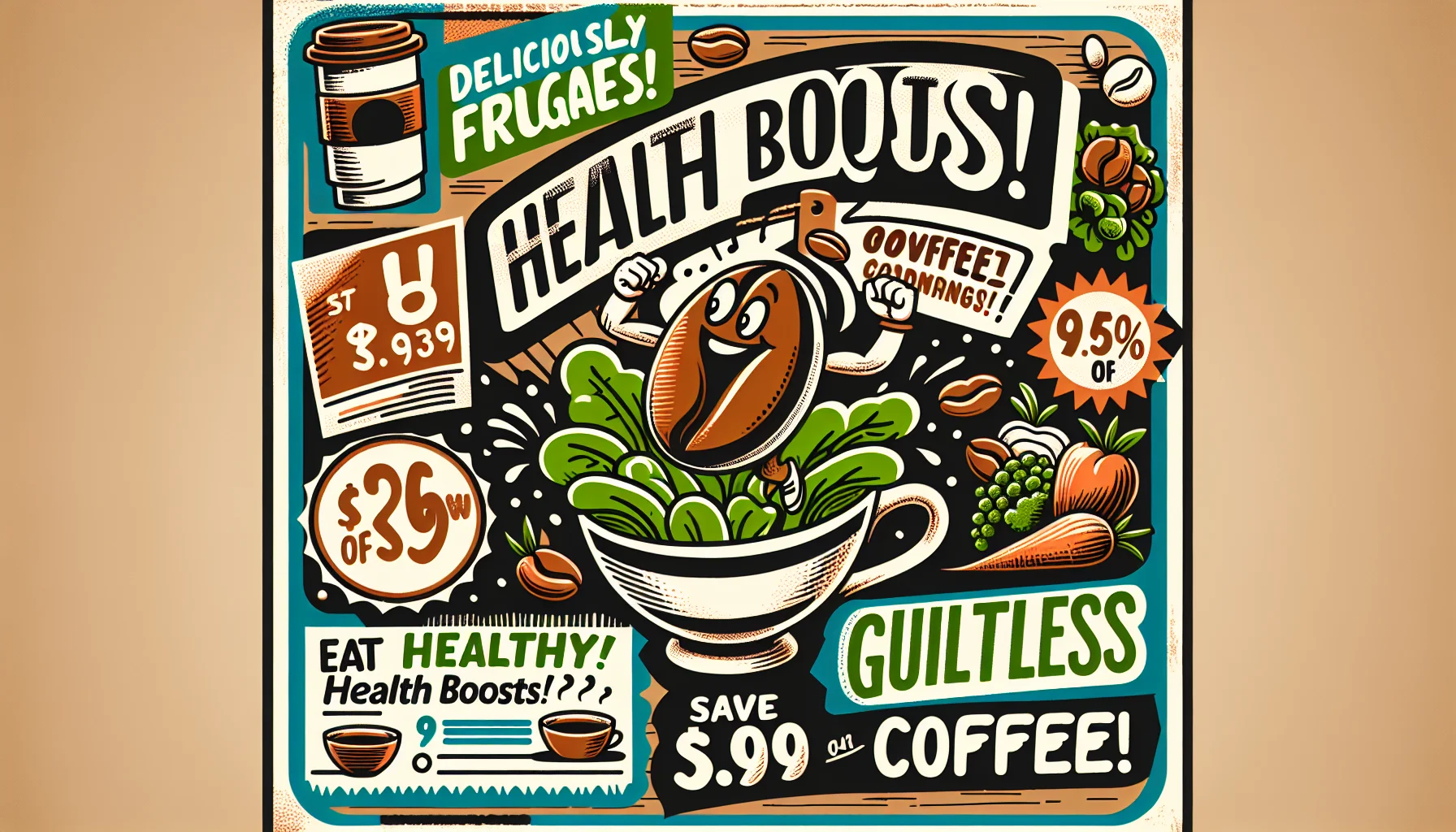 Imagine a humorous and enticing coffee label design. The main colors for the label are a warm, rustic brown contrasted with fresh hues of green to symbolize the balance of coffee and healthy eating. The centerpiece of the label is an illustration of a playful coffee bean cheering as it jumps into a giant salad bowl. Accompanying this, there are bold, stylized texts promising 'Deliciously Frugal Health Boosts' and 'Eat Healthy, Save Money with our Guiltless Coffee!'. Small, hand-drawn doodles of discounted price tags, assorted veggies, and coffee cups should be scattered around the label to add charm and further promote the message of affordable healthy eating.