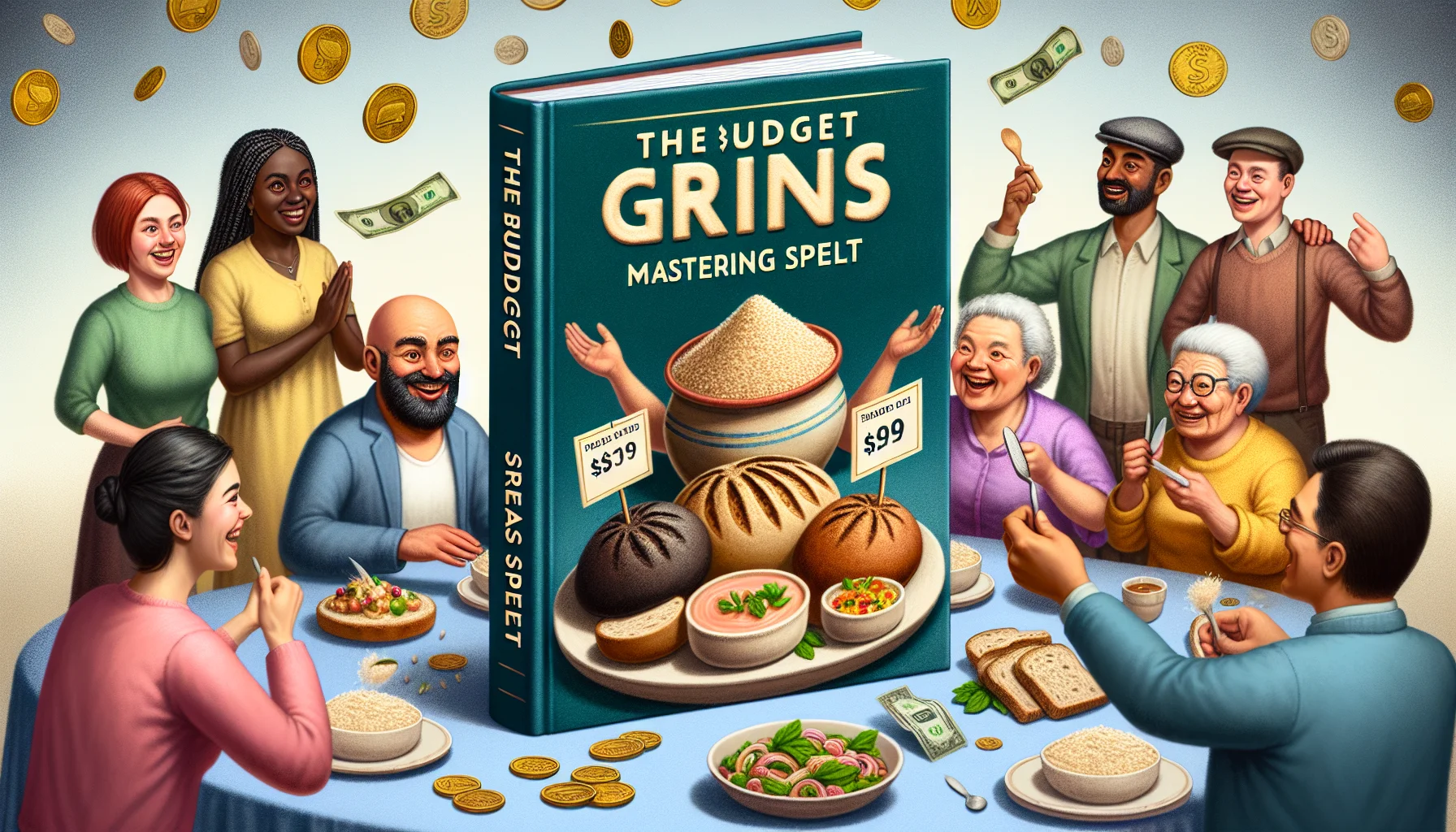 Create a realistic yet humorous image of a comprehensive guide to Spelt. Imagine the title 'The Budget Grains: Mastering Spelt' embossed on the book cover, showing a variety of spelt dishes both sweet and savory. In the foreground, a group of diverse people, including a black woman, a middle-eastern man, a Hispanic elderly woman, and a South Asian teenager, all animatedly enjoying the spelt recipes with price tags that read less than a dollar, indicating affordability. The background should be filled with coins and dollar bills, subtly driving home the point of eating healthy for less money.