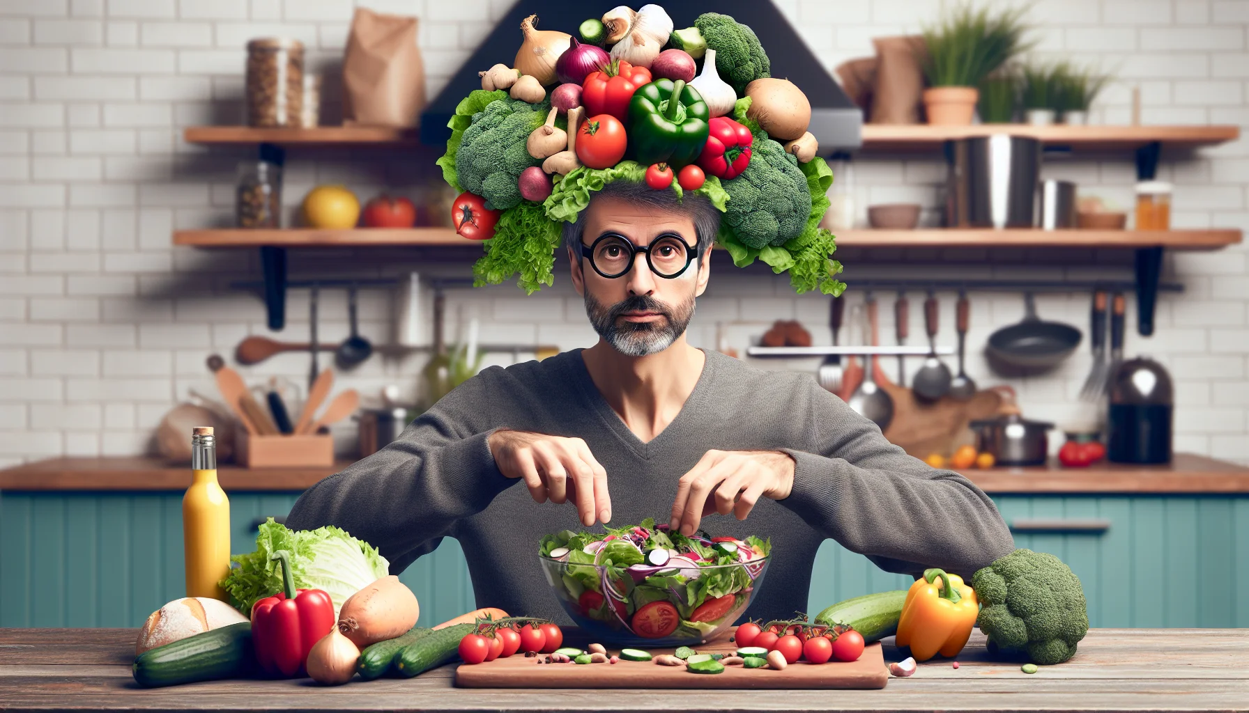Create a realistic image showcasing a food enthusiast, bearing resemblance to an average height man with glasses and graying hair, in a funny situation that encourages people to eat healthily for less money. The scene could perhaps include him humorously balancing a variety of colorful vegetables on his head and arms, all while preparing a budget-friendly, hearty salad in a bustling kitchen.