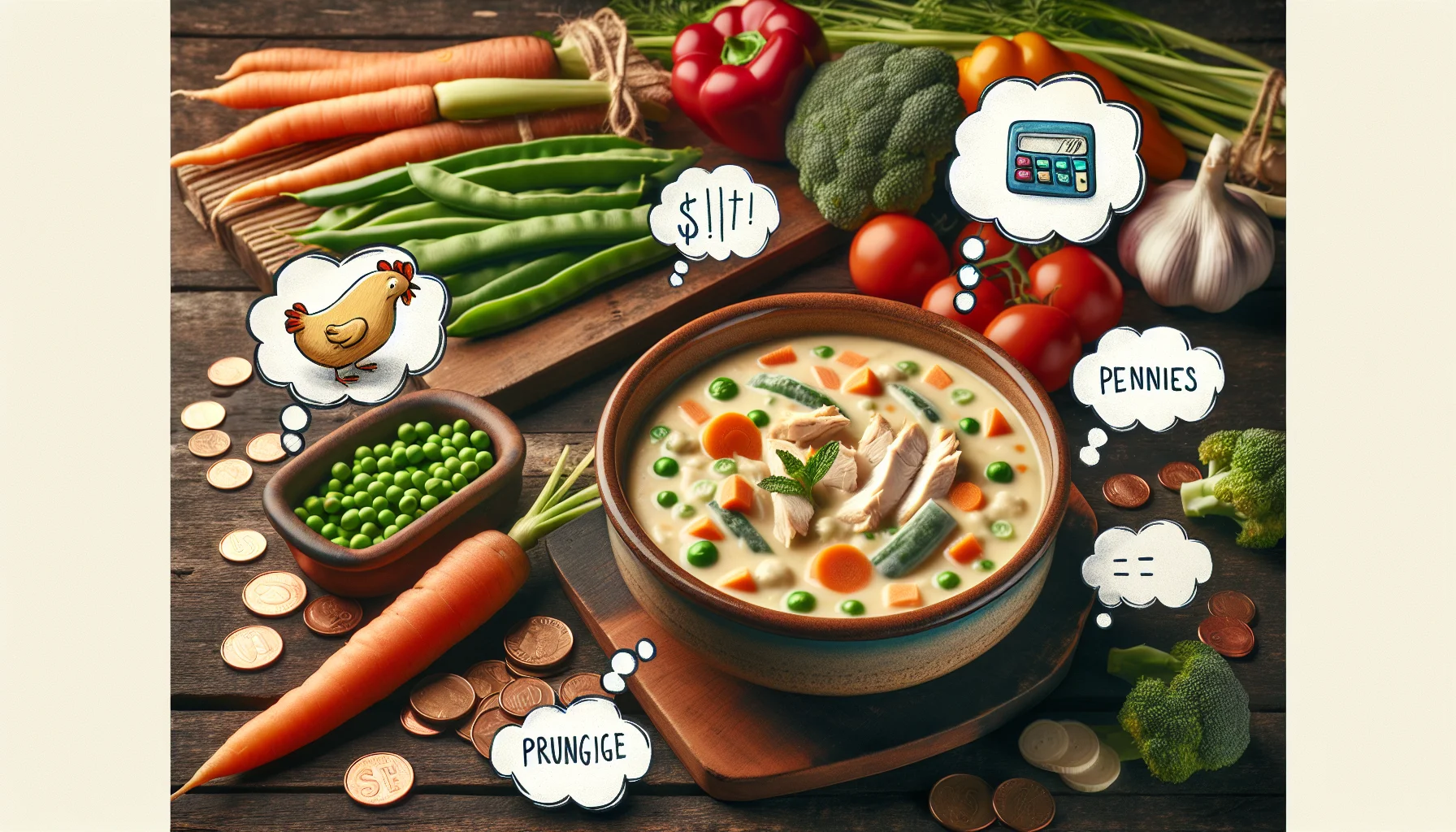 Create a realistic image of Creamy Chicken and Vegetable Chowder exuding a sense of humor. The soup is in a rustic stoneware bowl on a wooden table full of various colorful fresh vegetables like carrots, peas, and broccoli. Around the bowl, have small illustrated thought bubbles each showcasing different scenarios; one depicting the chicken stretching pennies, other showing vegetables performing a budget calculation, indicating the affordability of the meal. The whole setup should make the viewer feel enticed towards the idea of eating healthy without spending a fortune.