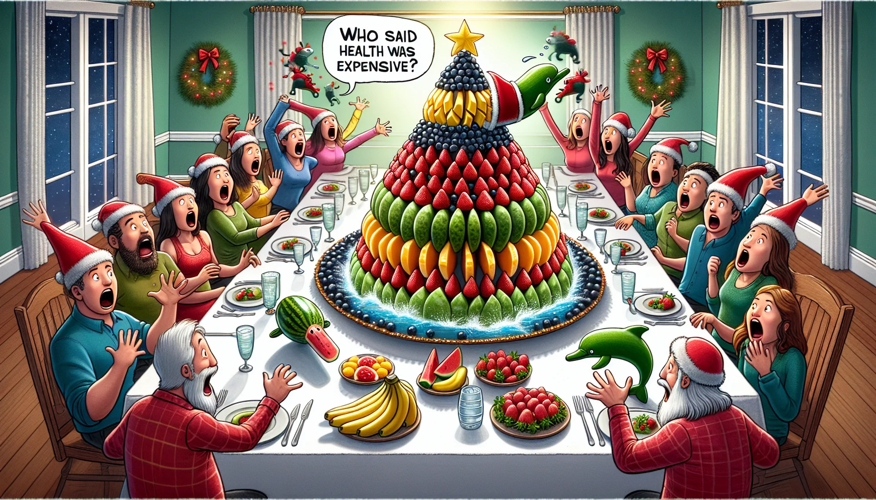 A humorous scene unfolds in a festive dining room. The main feature is an impressive fruit tray, artfully arranged to resemble miniature holiday landscapes. There are pyramids of plump strawberries and mangoes as Christmas trees, banana dolphins leaping over a blueberry ocean, and a watermelon Santa Claus riding a cantaloupe sleigh. Around the table, an array of shocked and delighted people of various descents and genders launch themselves towards the fruit, jaws dropping, eyes sparkling with joy and hands reaching for the deliciousness. The caption reads: 'Who said eating healthy was expensive?'