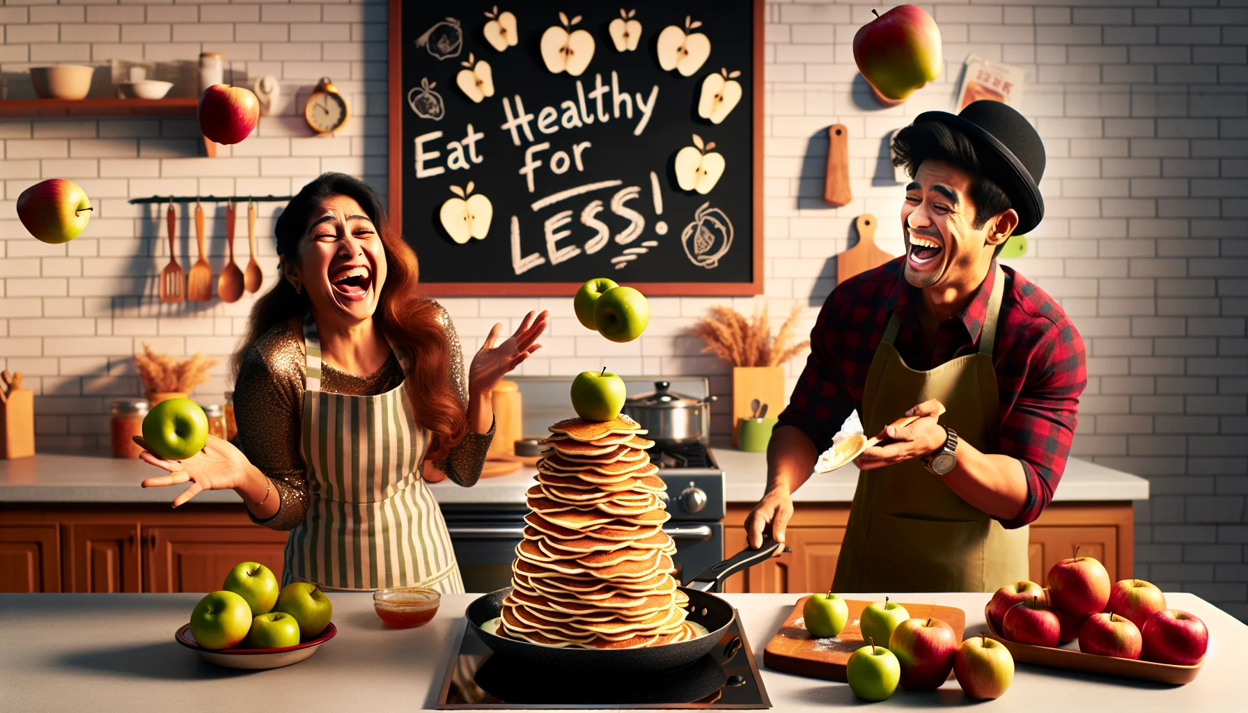 Imagine a humorous scene set in a bright home kitchen. A crisp pile of golden pancakes is artistically arranged to resemble an apple tree, complete with green apple slices as leaves. A South Asian lady, laughing heartily, is flipping more apple pancakes in a sparkling pan. Her Hispanic male companion is playfully juggling apples, attempting to toss one directly onto the pancake 'tree'. Behind them, a chalkboard reads, 'Eat Healthy for Less!' with sketches of pancakes, apples, price tags and silly cartoons. The atmosphere is warm, enticing, and radiates creativity with apple recipes.