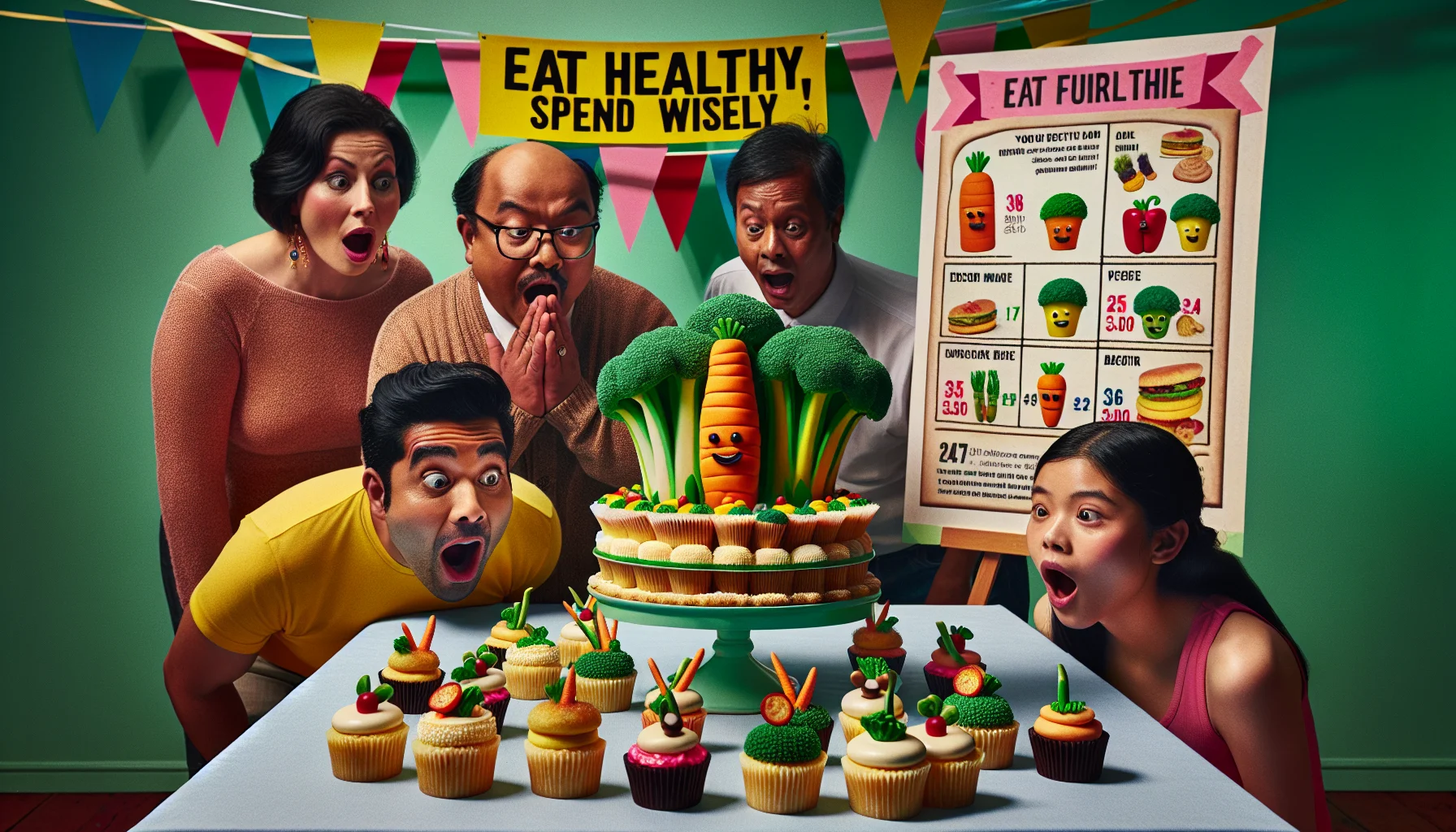 Create a humorous and enticing scene in a birthday party setting. The table is adorned with quirky vegetable-themed cupcakes designed to resemble a broccoli, a carrot and a bell pepper. There's a colorful banner overhead with the words 'Eat Healthy, Spend Wisely' and a group of people, including a South Asian man, a Hispanic woman and a Black child, all staring in amazement at the cupcakes. Their expressions are a mix of amusement and disbelief. In the background, there's a poster showcasing a before-and-after image of a traditional cupcake and a vegetable-themed one with a price comparison below.