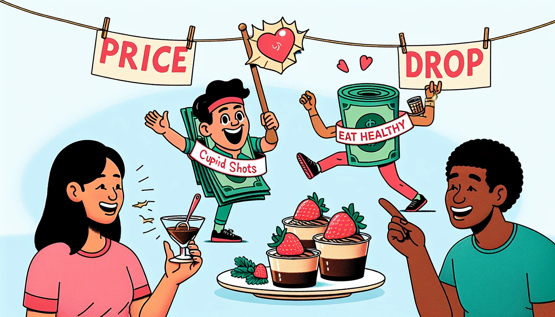 Illustrate a quirky scene where there are 'Cupid Shots: Mini Chocolate Mousse with Strawberries' creatively arranged. Add a backdrop of a friendly 'price drop' signage emphasizing affordability. There's an animated dollar bill with a bright smile and a headband, doing aerobic exercises. He holds a banner saying, 'Eat Healthy for Less!' In the scene, there's an Asian woman and a Black man, laughing and ready to enjoy the dessert. The Asian woman is about to take a bite from her spoon while the man is cheerfully gesturing towards the price drop sign.