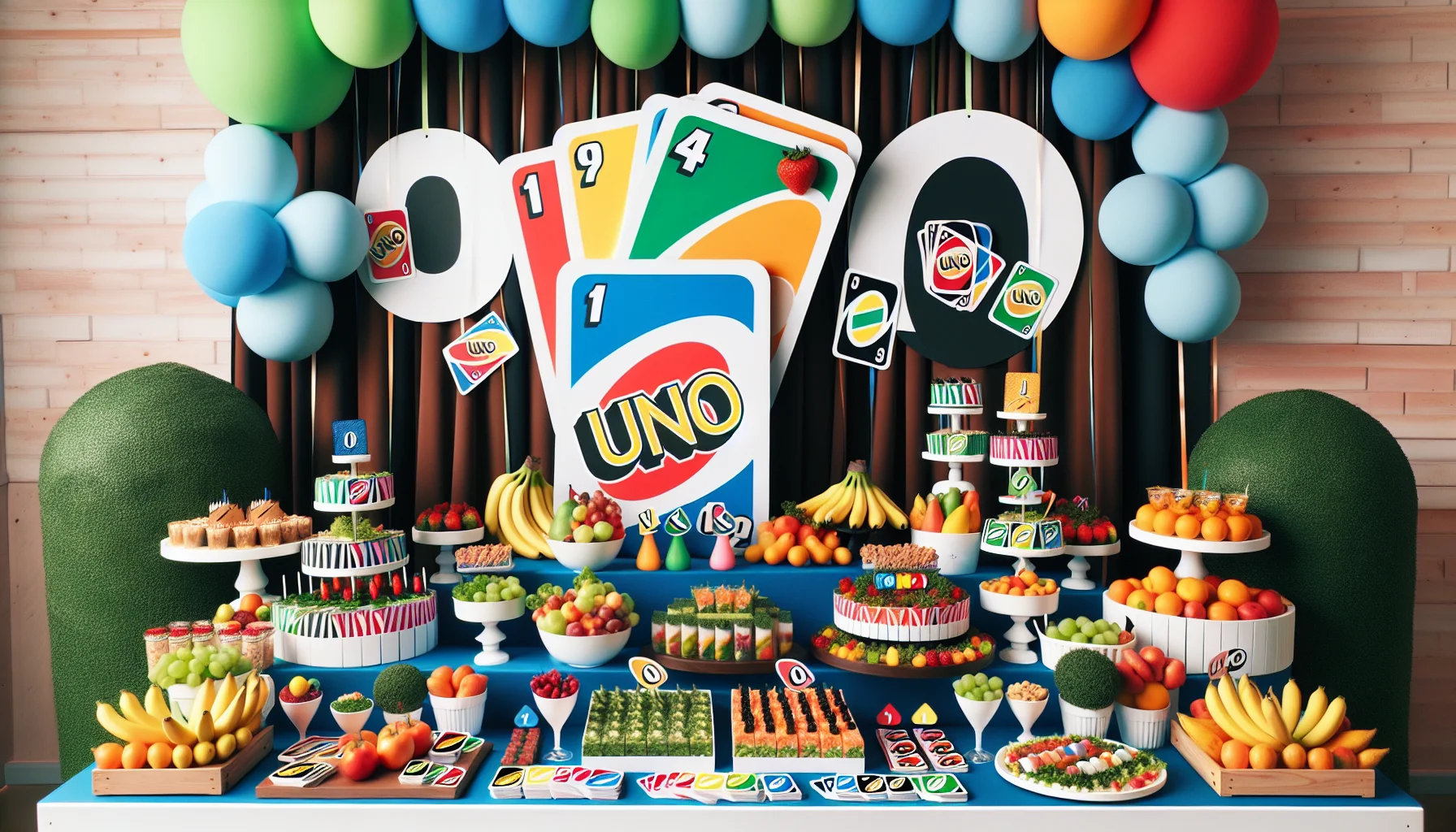 Design a hilarious scene for an UNO-themed birthday party, incorporating decor ideas that inspire a feeling of whimsy and excitement among the guests. Center the decor on oversized UNO cards and colors used in the game. The food arrangement at the party takes a creative turn, showcasing a variety of health foods styled in an enticingly budget-friendly manner. There could be a fruits and veggies station dressed as a UNO 'Reverse card', encouraging guests to reverse their unhealthy eating habits. Let's not forget a mini salad bar mimicking the color stack, visually representing how each color corresponds to a different type of salad.