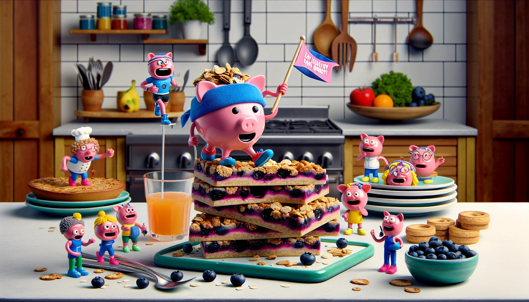 Imagine an animated and colorful scene set in a modern kitchen. On the kitchen bench, see a stack of scrumptious, realistic-looking blueberry breakfast bars, each oozing with fresh blueberries and topped with oat crumble. A humorous scenario unfolds as a pink piggy bank in the shape of a fitness enthusiast, complete with a headband and running shoes, is balancing on top of the stack, holding a flag that says 'Eat Healthy, Save Money!'. A variety of playful, cartoon-like, facial expressions are conveyed by the pieces of cutlery and plates, all reacting in a surprised and excited way to the unusual spectacle.