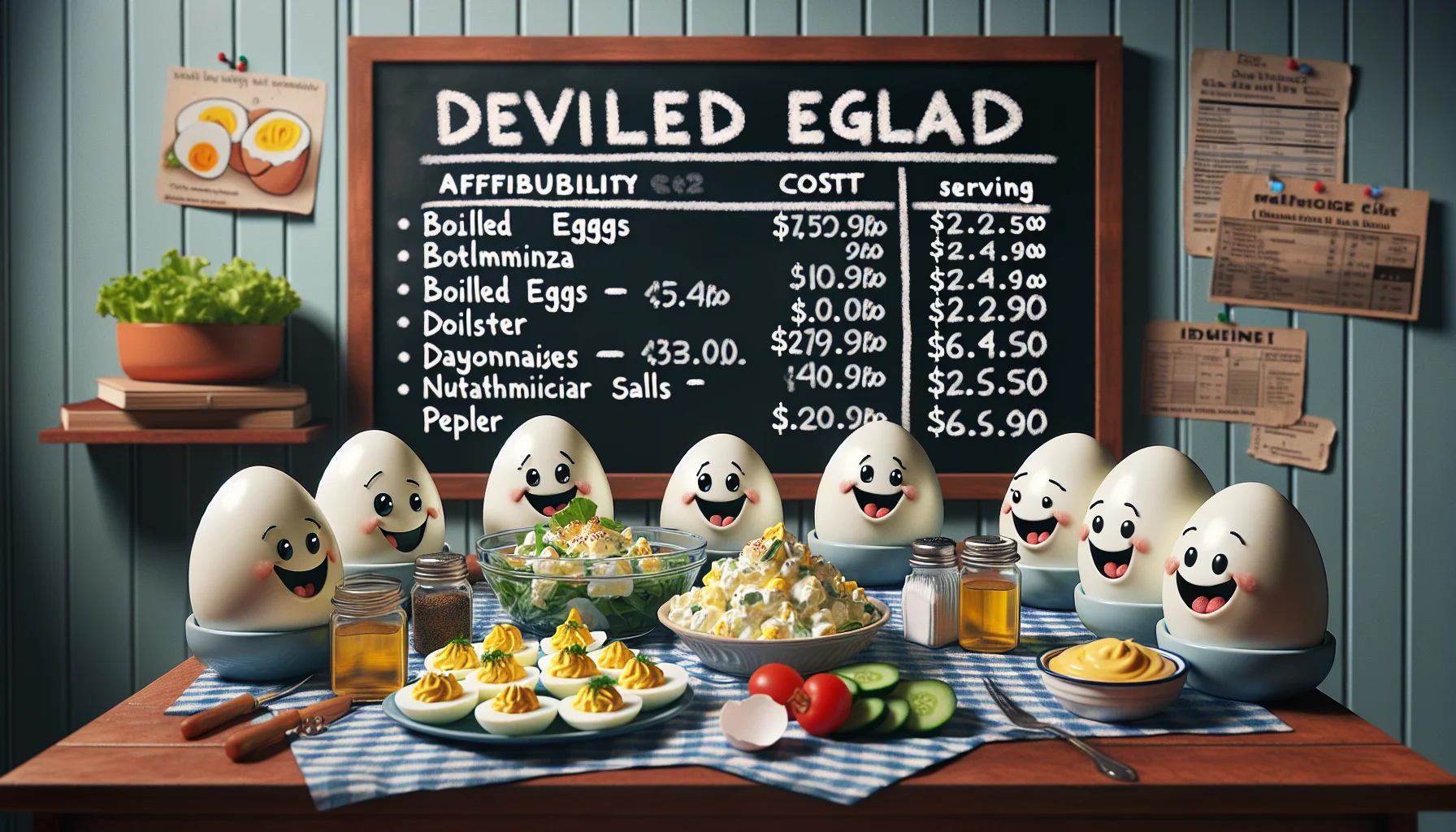 Create a humorous yet realistic scene centered around a deviled egg salad recipe. The image should highlight the affordability and health benefits of the dish. The scene may include a bunch of cartoonish smiling deviled eggs sitting around a table on a budget, discussing the recipe among themselves, with a chalkboard in the background portraying a breakdown of the cost per serving and nutritional content. The table should have on it the ingredients of a deviled egg salad - boiled eggs, mayonnaise, mustard, vinegar, salt, and pepper. The atmosphere should be vibrant, encouraging viewers to adopt a healthy diet for less cost.