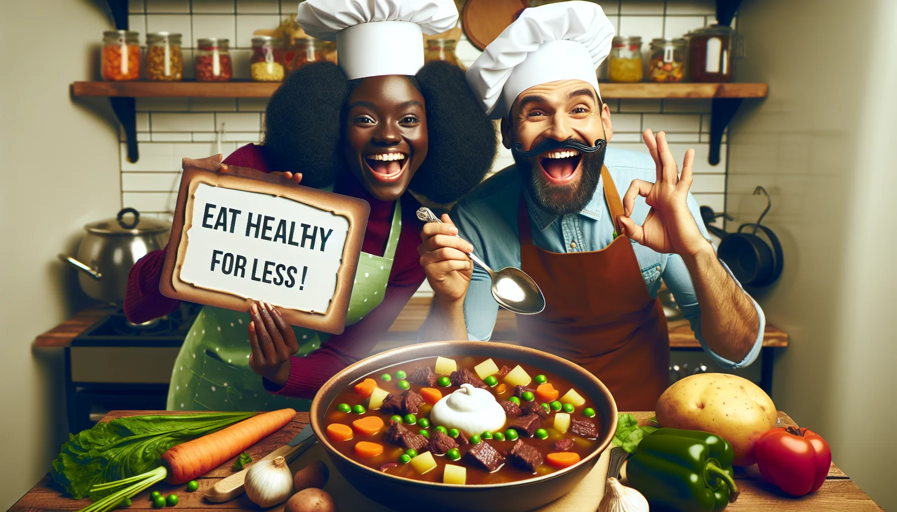 Imagine a charming and humorous scene related to preparing and enjoying a wholesome beef stew. Picture two individuals, an Hispanic man and a Black woman, both dressed as fun-loving chefs with whimsical aprons and chef hats. They're smiling and laughing while preparing a budget-friendly, hearty beef stew filled with an abundance of colorful vegetables like carrots, peas, and potatoes. The woman is holding up a sign that reads 'Eat Healthy for Less' with a cheeky wink. In the foreground, have a bowl of the delicious, steaming stew, highlighting its substantiality and taste. The scene should convey a sense of fun, health, and budget-friendly cooking.