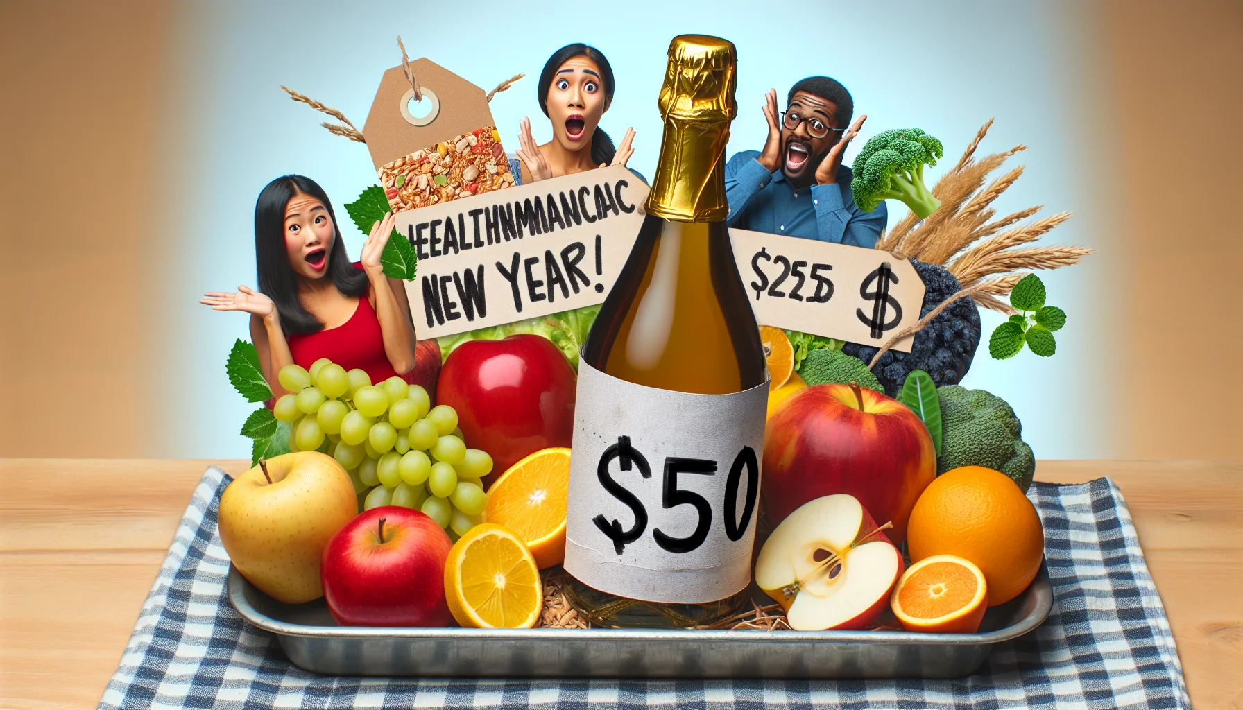 Create a realistic and humorous image of a DIY Sparkling Cider for celebrating New Year's eve. The Sparkling cider is placed in a creatively decorated setting, showcasing plentiful fruits, vegetables and whole grains to signify eating healthy. Beside, there's a price tag dramatically slashed in half as a symbol to spending less money. Include a diverse group of people, with an Asian female and a Black male having surprised and delighted expressions. There's also a banner above written 'Healthy and Economical New Year!' as the centerpiece to set the tone.