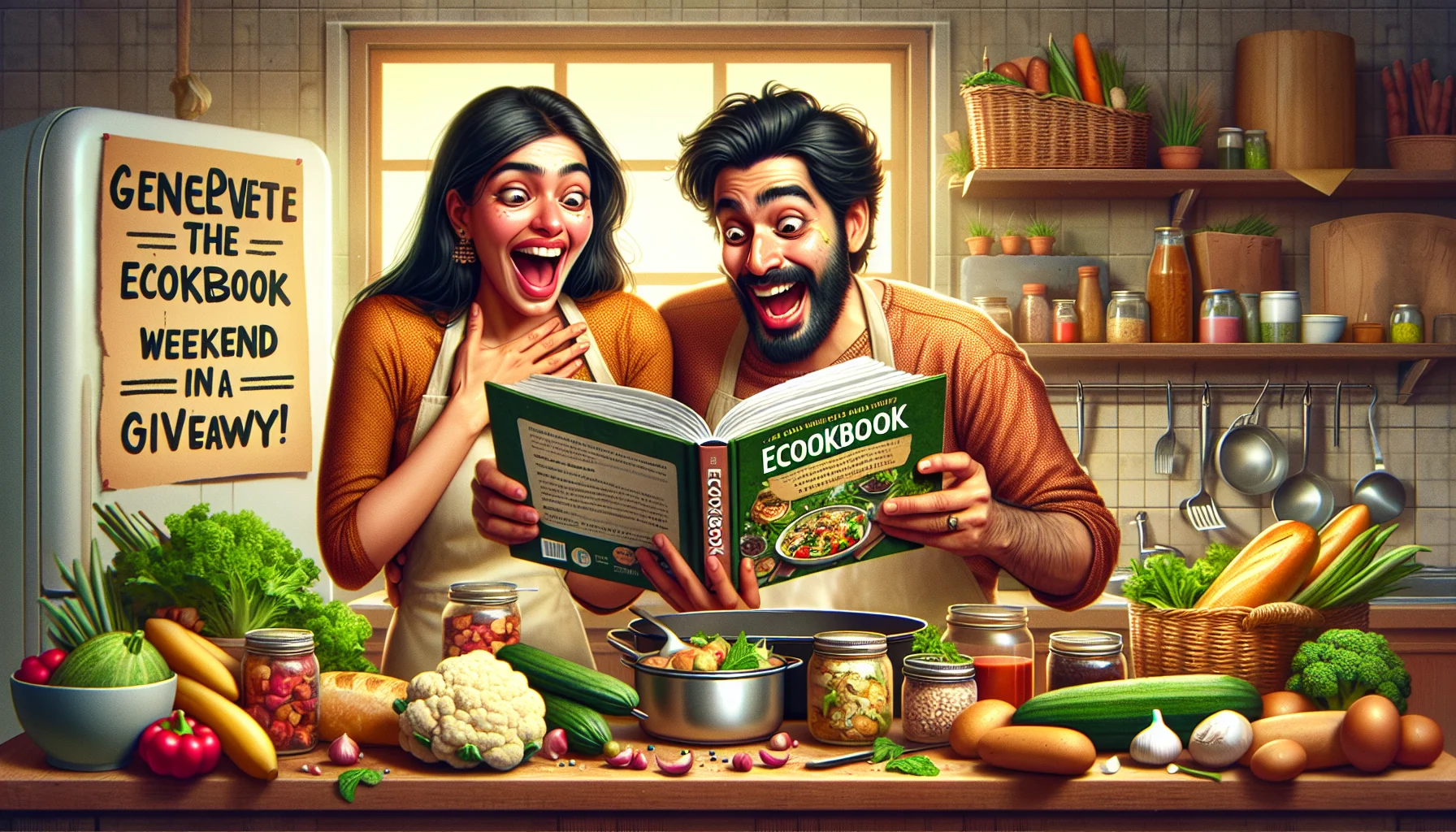 Generate a humorous and realistic scene representing an eCookbook Weekend Giveaway. The scenario shows a comical situation where a South Asian woman and a Middle Eastern man are enthusiastically reading the eCookbook in a kitchen filled with wholesome, budget-friendly ingredients. They are preparing a sumptuous, healthy meal while laughing at the amusing cooking tips provided in the eCookbook. Their expressions express delight and surprise, suggesting they've discovered the joys of eating healthy on a budget. The image should emanate a warm and welcoming vibe, encouraging people to partake in the promotion and eat healthily for less.