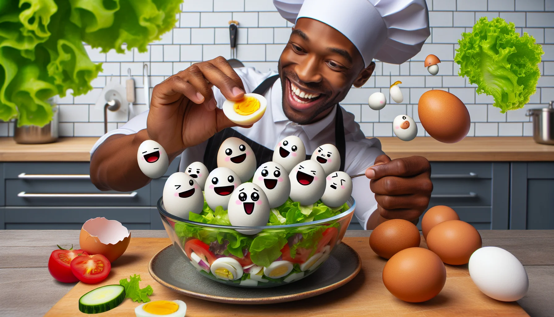 Generate a detailed and realistic image showing the process of making a delicious, cost-effective egg salad without mayo. The scene should have a humorous touch, maybe with a male Black chef wearing a ridiculous hat creating the salad, cheerily putting boiled eggs, fresh lettuce and other ingredients in a clear bowl. As a lighter touch, perhaps animate the ingredients by giving them cute, amazed facial expressions as they go into the mixing bowl. Include a tagline saying 'Healthy Eating for Less!' as a compelling message enticing people towards wholesome, affordable meals.
