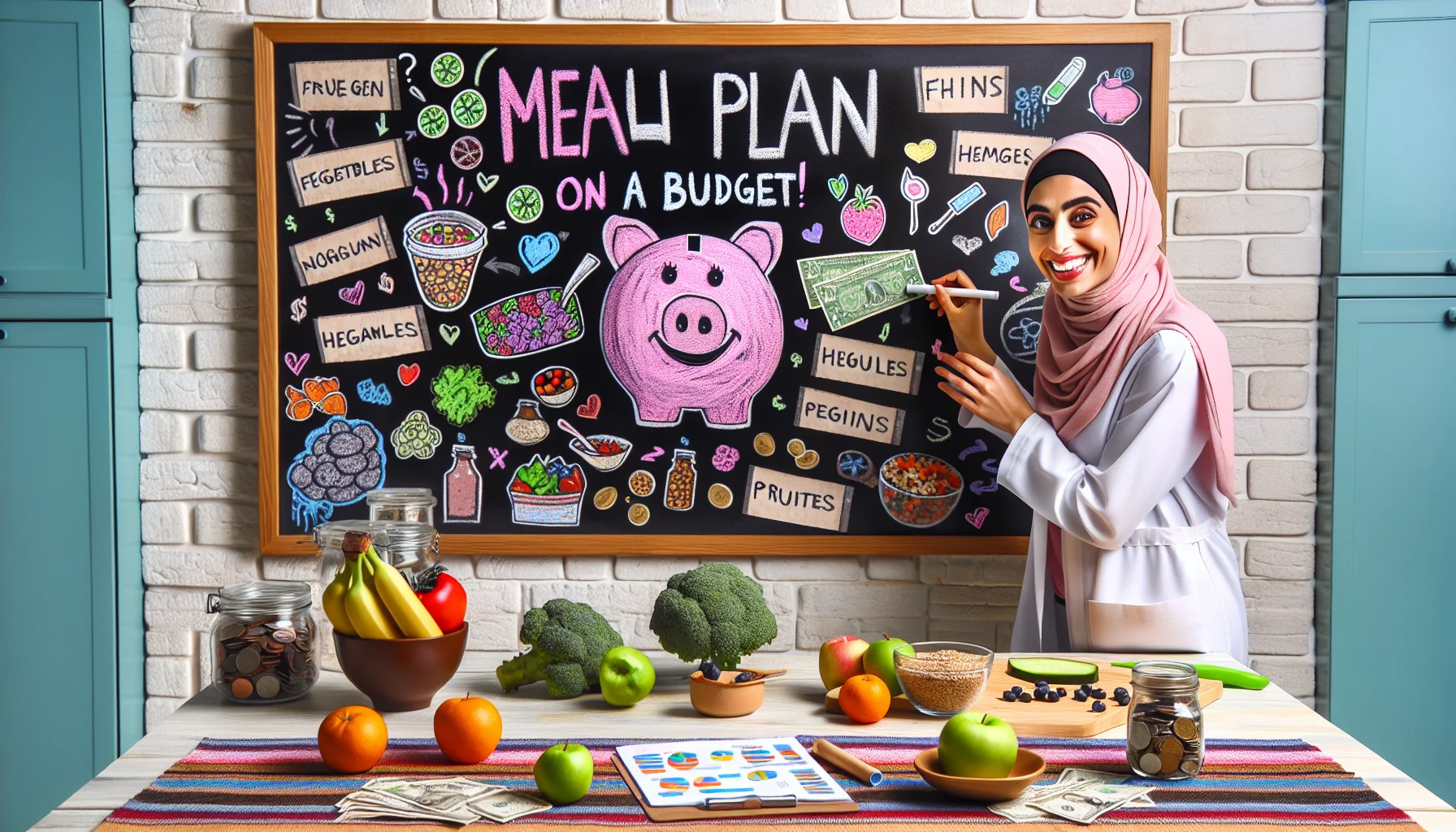 Create a whimsical but realistic scene that showcases key tips for planning a menu on a budget, aimed at promoting healthy eating. The scene may be a home kitchen, with a Middle Eastern woman smiling as she cleverly organizes a meal plan using a large chalkboard full of colorful doodles, funny notes and cut out pictures of various fruits, vegetables, whole grains, legumes, and lean proteins. A quirky piggy bank on the counter is filled with coins and dollar bills, next to a bowl of fresh fruits. It clearly communicates the message that healthy eating can be fun and cost-effective.