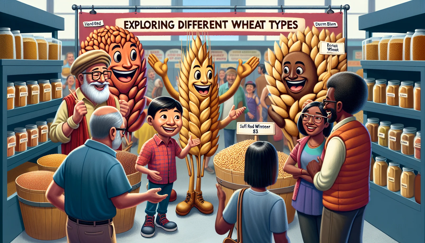 Imagine a lively and playful farmers market scene showcasing 'Exploring Different Wheat Types'. See a variety of wheat types - Hard Red Spring Wheat, Soft Red Winter Wheat, Durum Wheat - all personified in a realistic yet humorous scenario. The wheat characters are joyfully interacting with a diverse crowd of shoppers which consists of an Asian male teenager, a young Hispanic female and an elderly Black couple, enticing them to try the wheat products. Different wheat based products are displayed with price tags showing surprisingly low costs. The atmosphere is vibrant, encouraging healthy eating for less money.